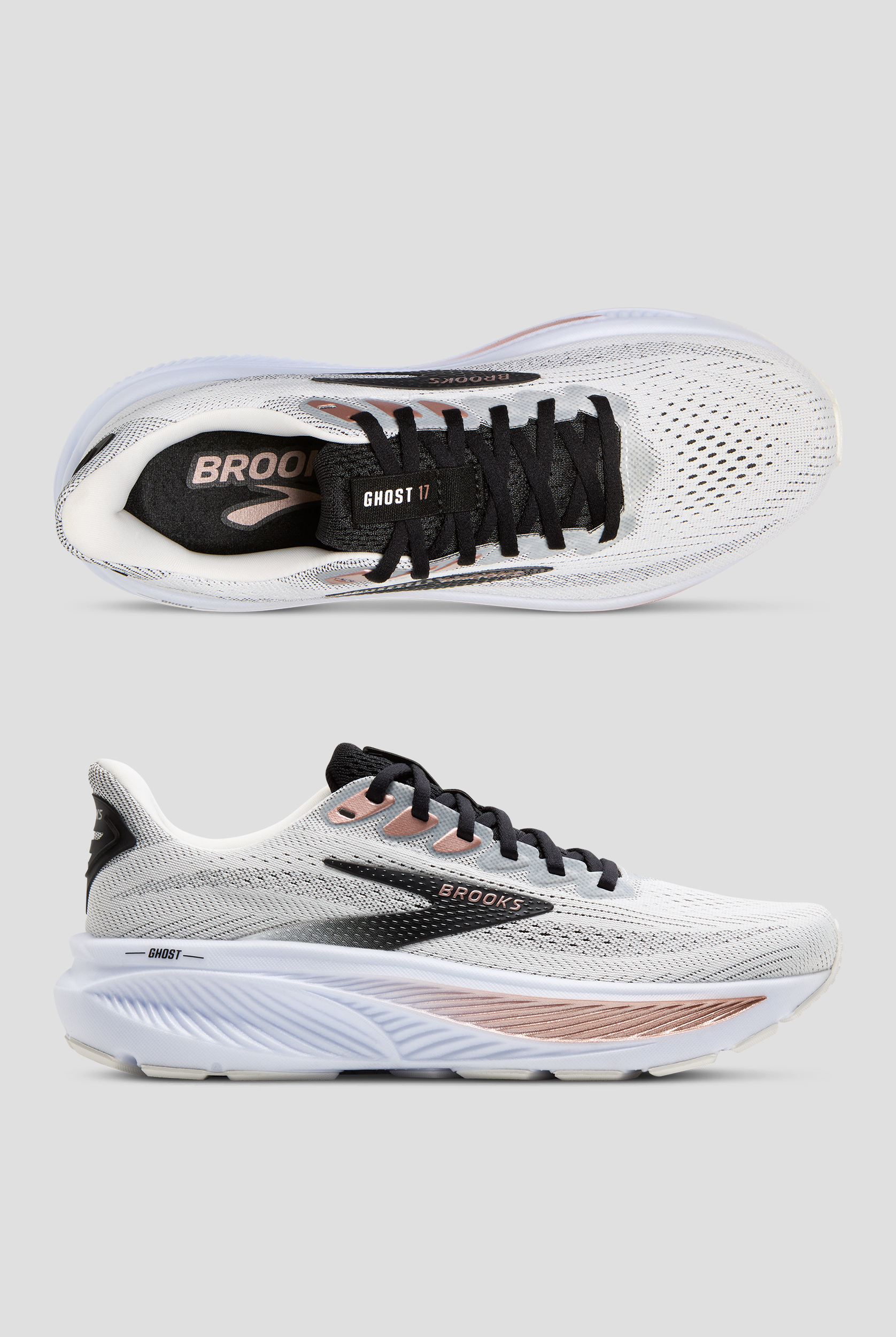 Zapatillas deportivas de enfermería Brooks Ghost 17 White/Black/Rose Gold con cordones para mujer