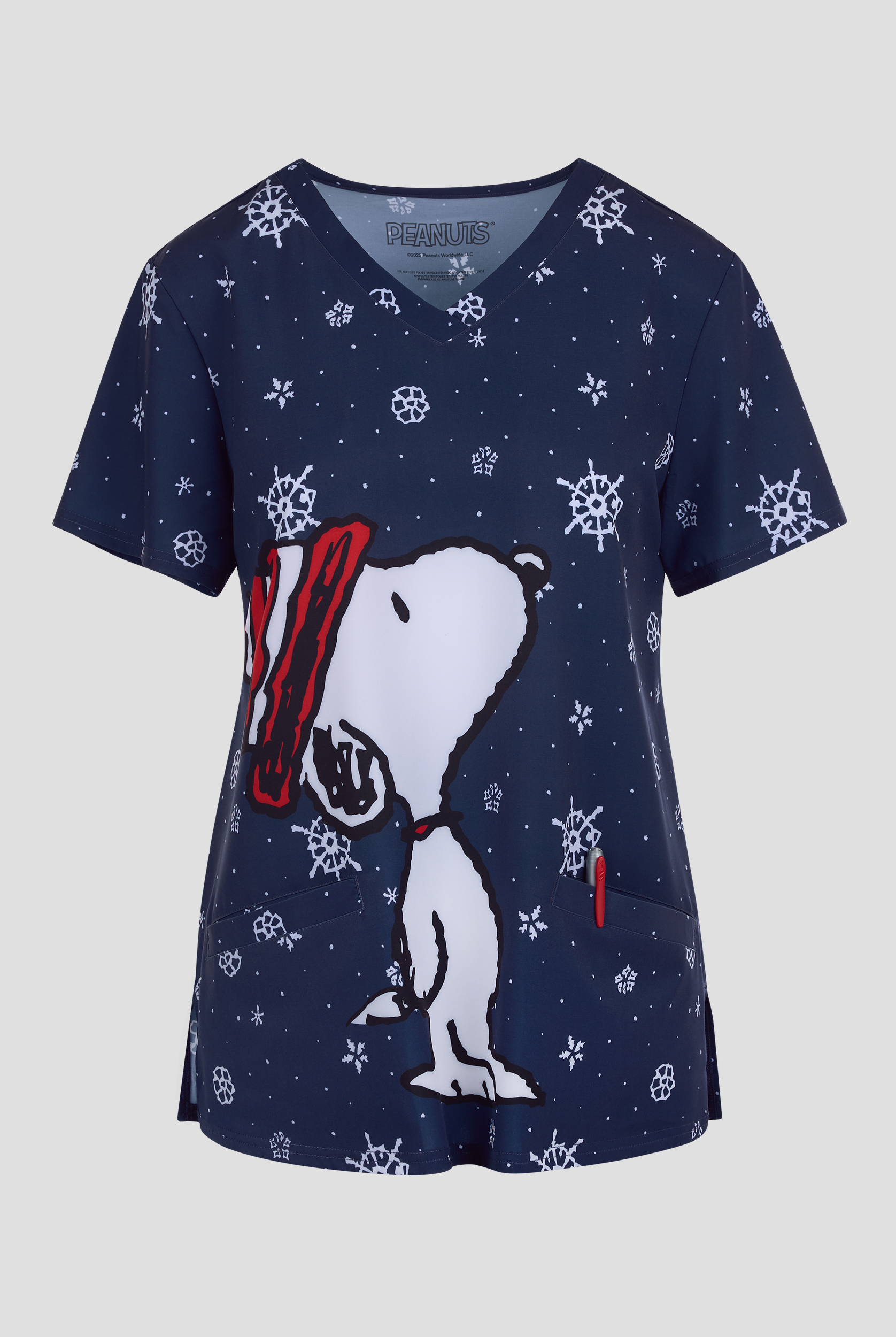 Peanuts Snoopy Christmas by Funscrubs Women's 2-Pocket STRETCH V-Neck Print Scrub Top