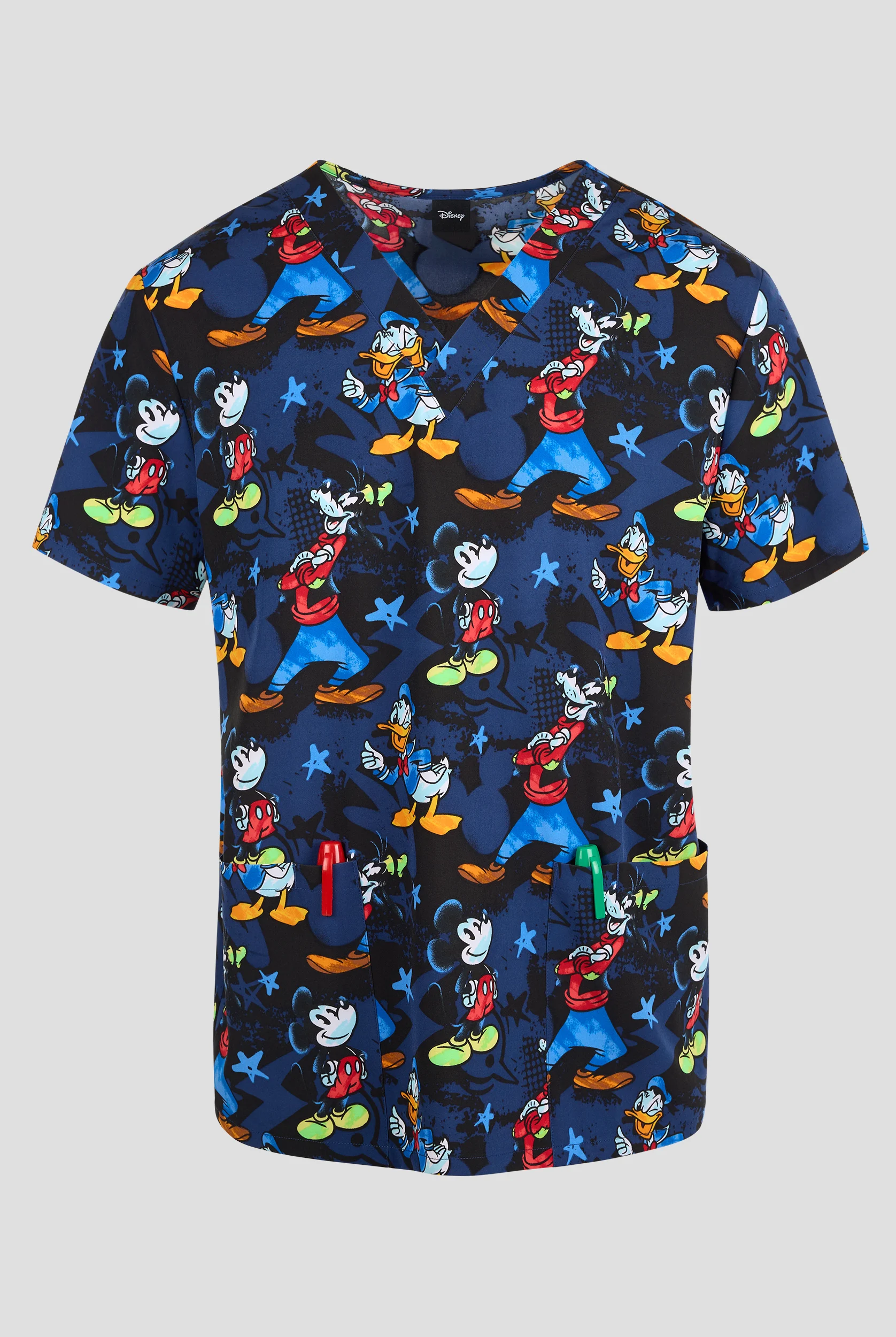 Tooniforms Disney's Mickey Bro Time Men's 2-Pocket STRETCH V-Neck Print Scrub Top
