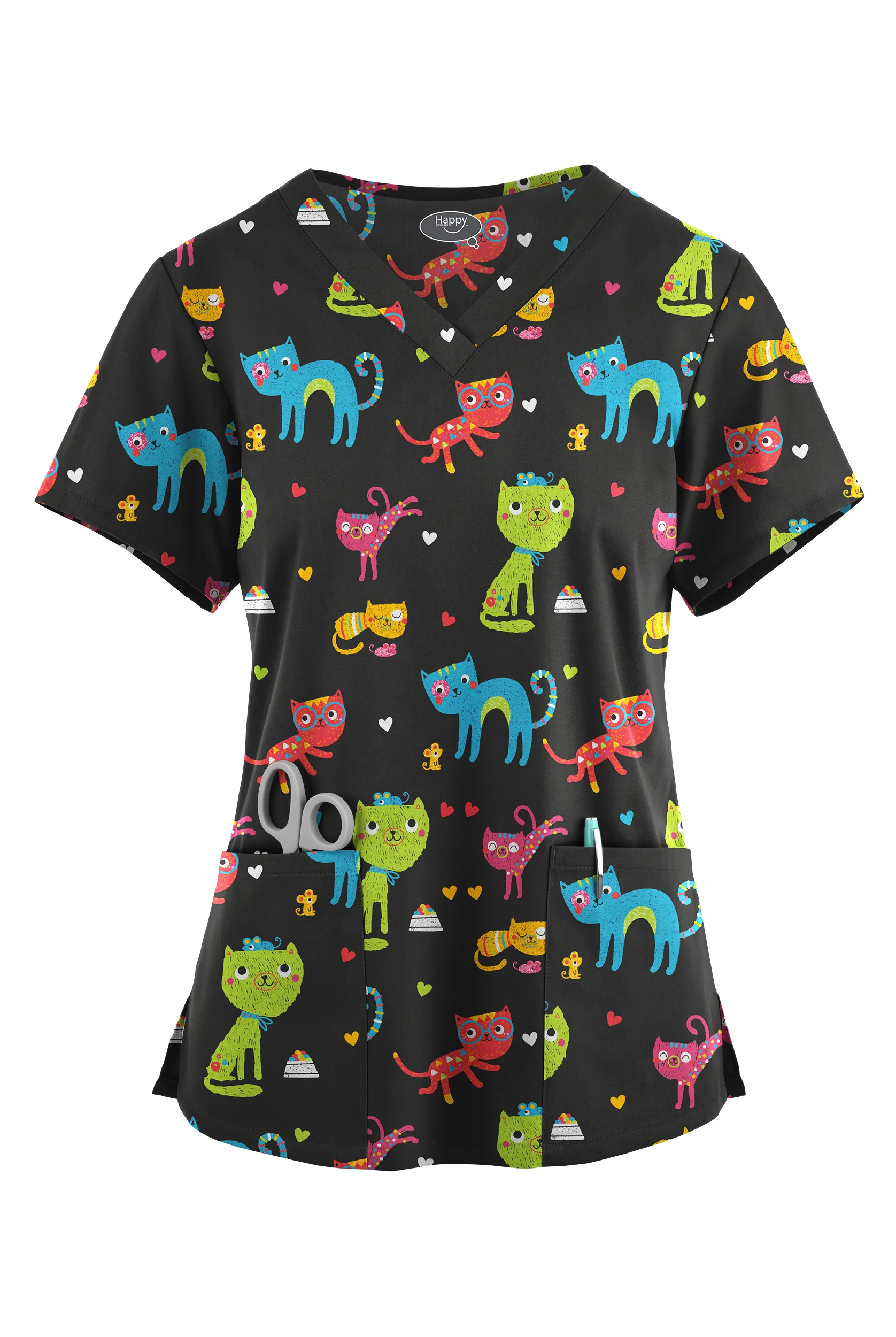 Happy Scrubs Friendship Women's 4-Pocket Rounded V-Neck Print Scrub Top