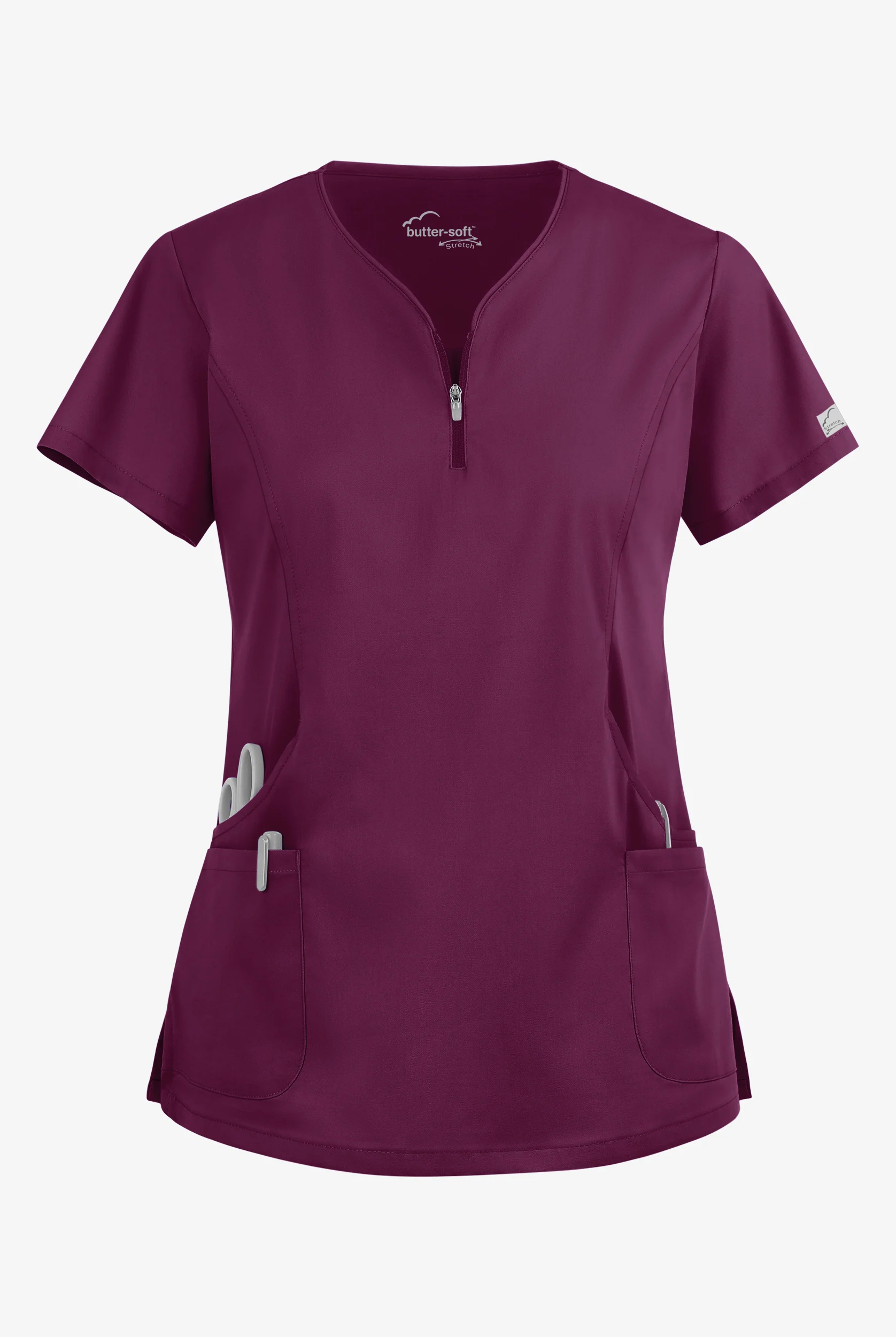 Butter-Soft STRETCH Women's 4-Pocket Curved Neck Zipper Scrub Top