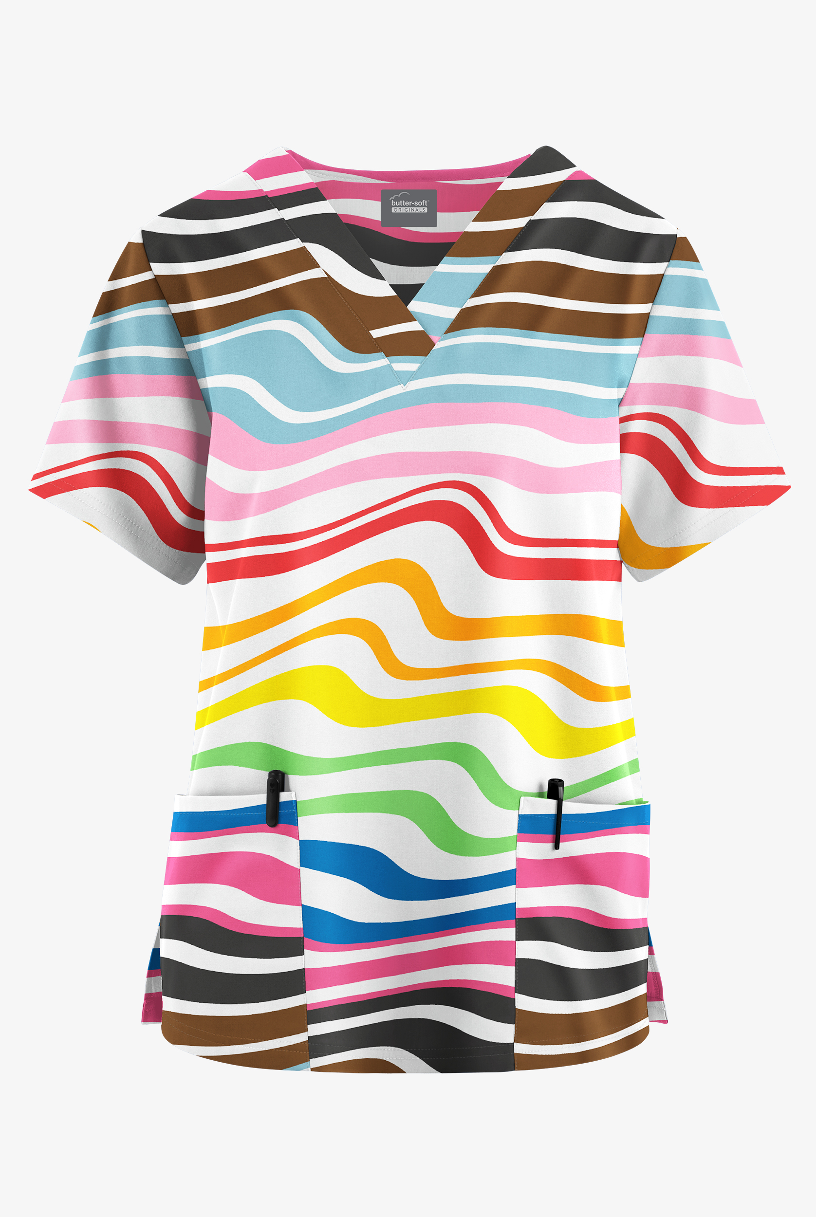 Butter-Soft Originals Wavy Stripe Women's 2-Pocket Classic Fit V-Neck Print Scrub Top