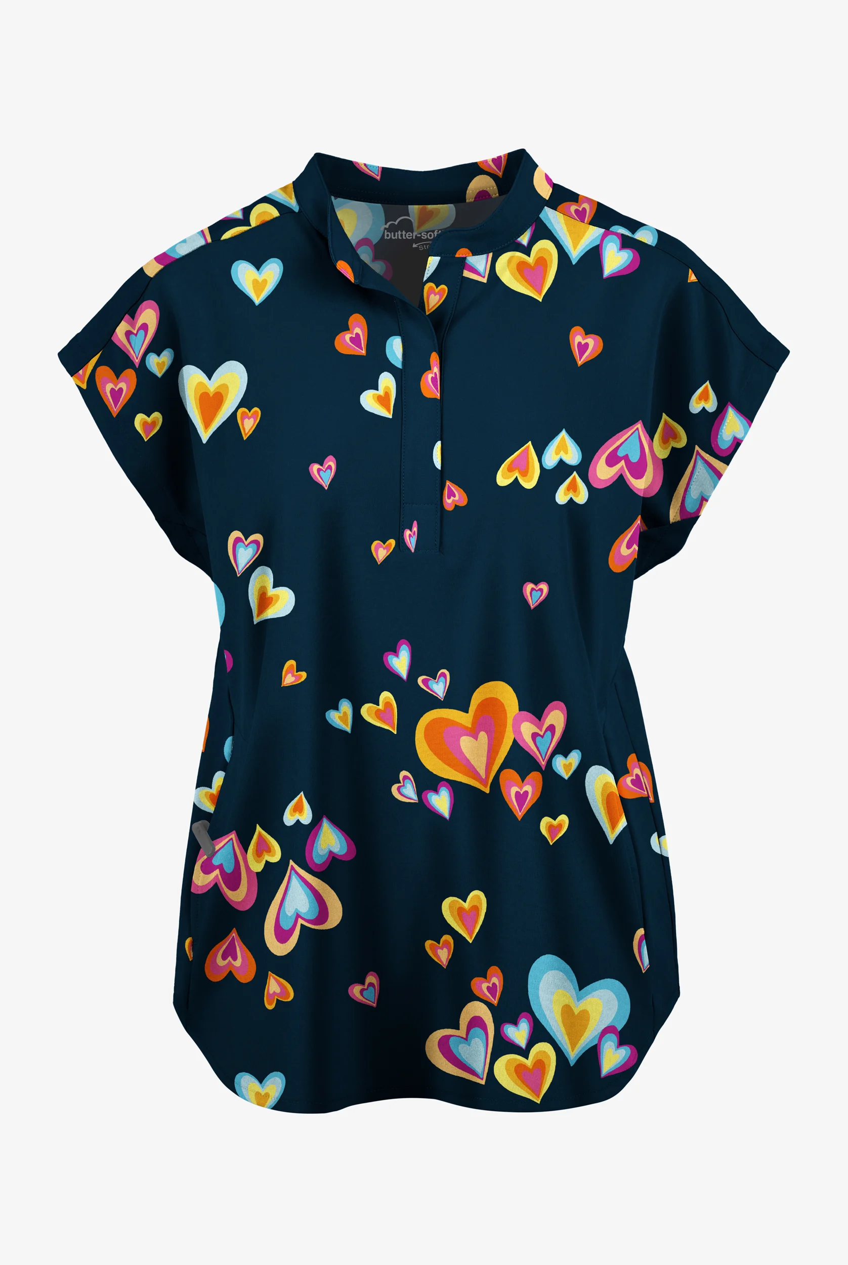 Butter-Soft STRETCH Pop Heart Navy Women's 2-Pocket Oversized Dolman Sleeve Print Scrub Top