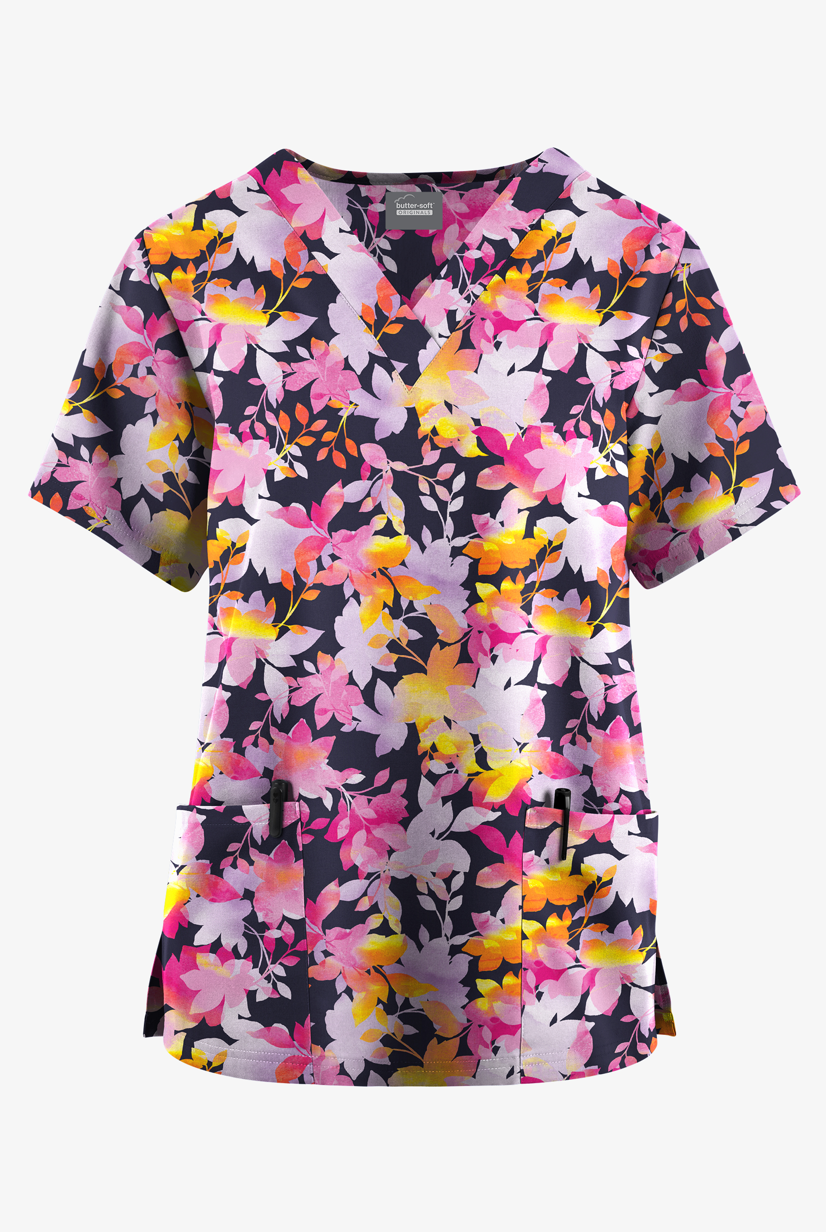 Butter-Soft Originals Dreamy Garden Navy Women's 2-Pocket Classic Fit V-Neck Print Scrub Top