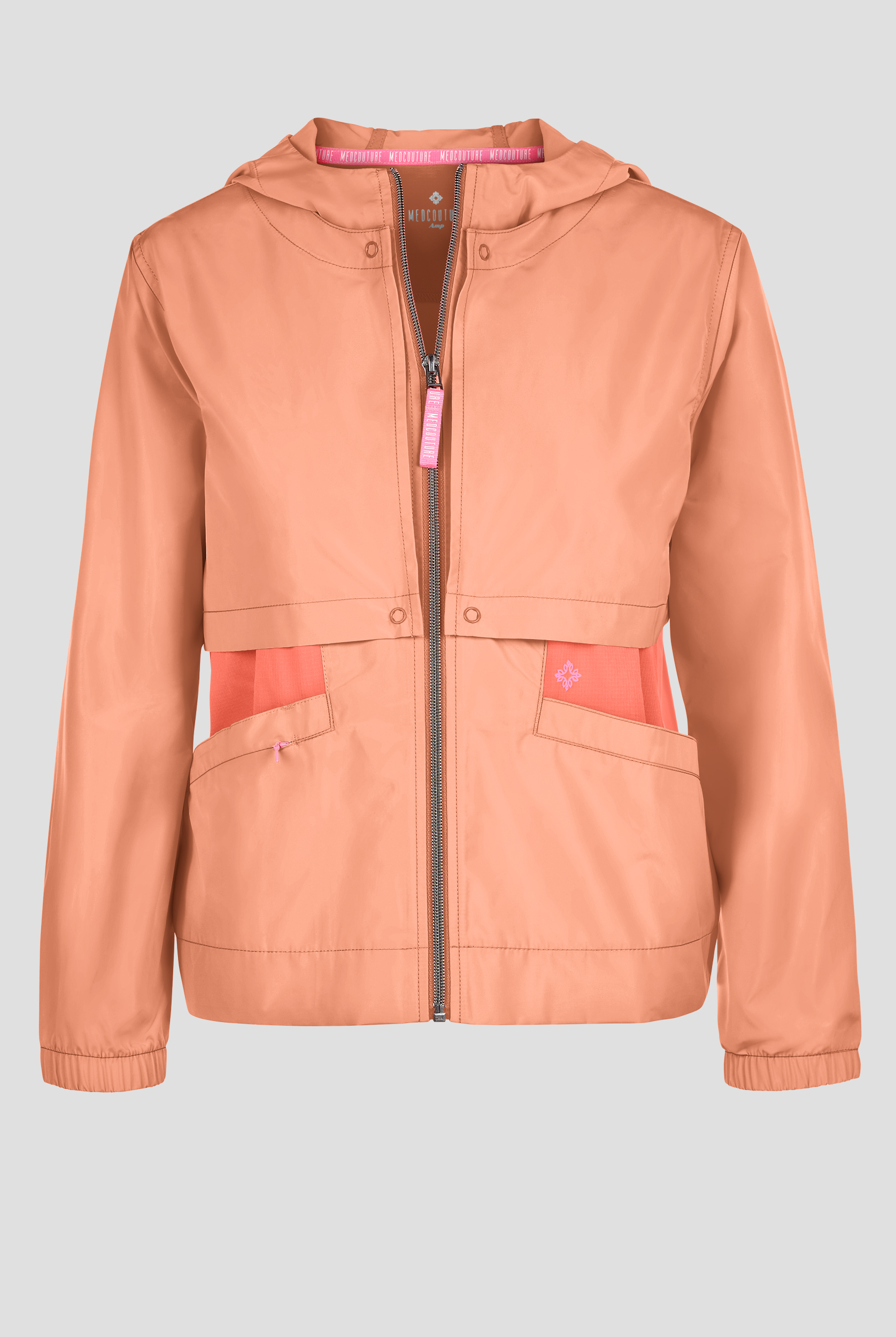 Med Couture Amp Women's 3-Pocket Hooded Zip Front Convertible Windbreaker Scrub Jacket