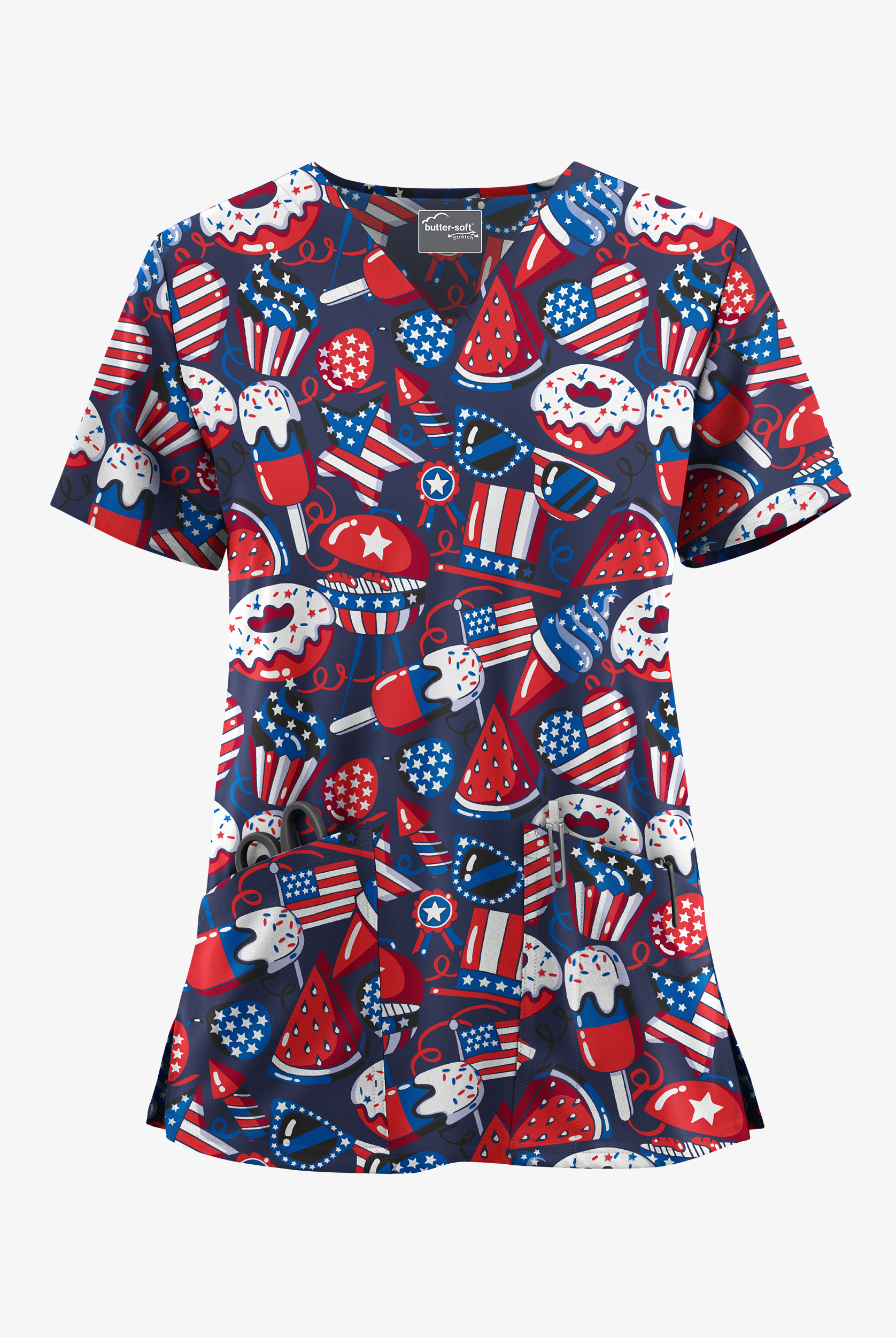 Butter-Soft STRETCH Freedom Celebration Women's 2-Pocket V-Neck Print Scrub Top