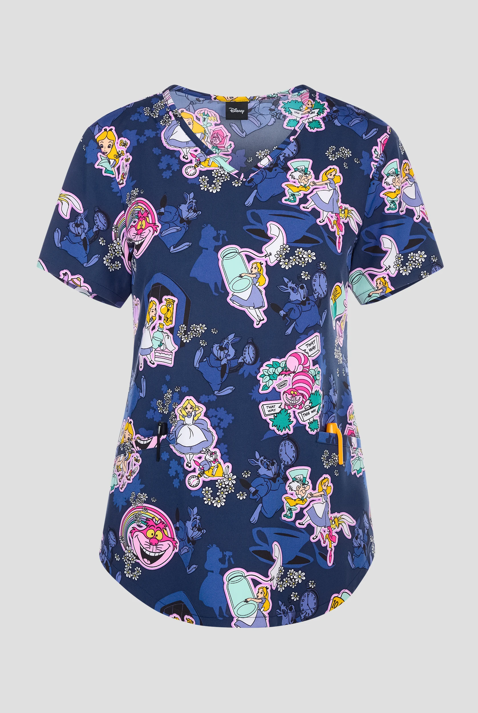 Tooniforms Alice In Wonderland Wonderous Flowers Women's 2-Pocket STRETCH V-Neck Print Scrub Top