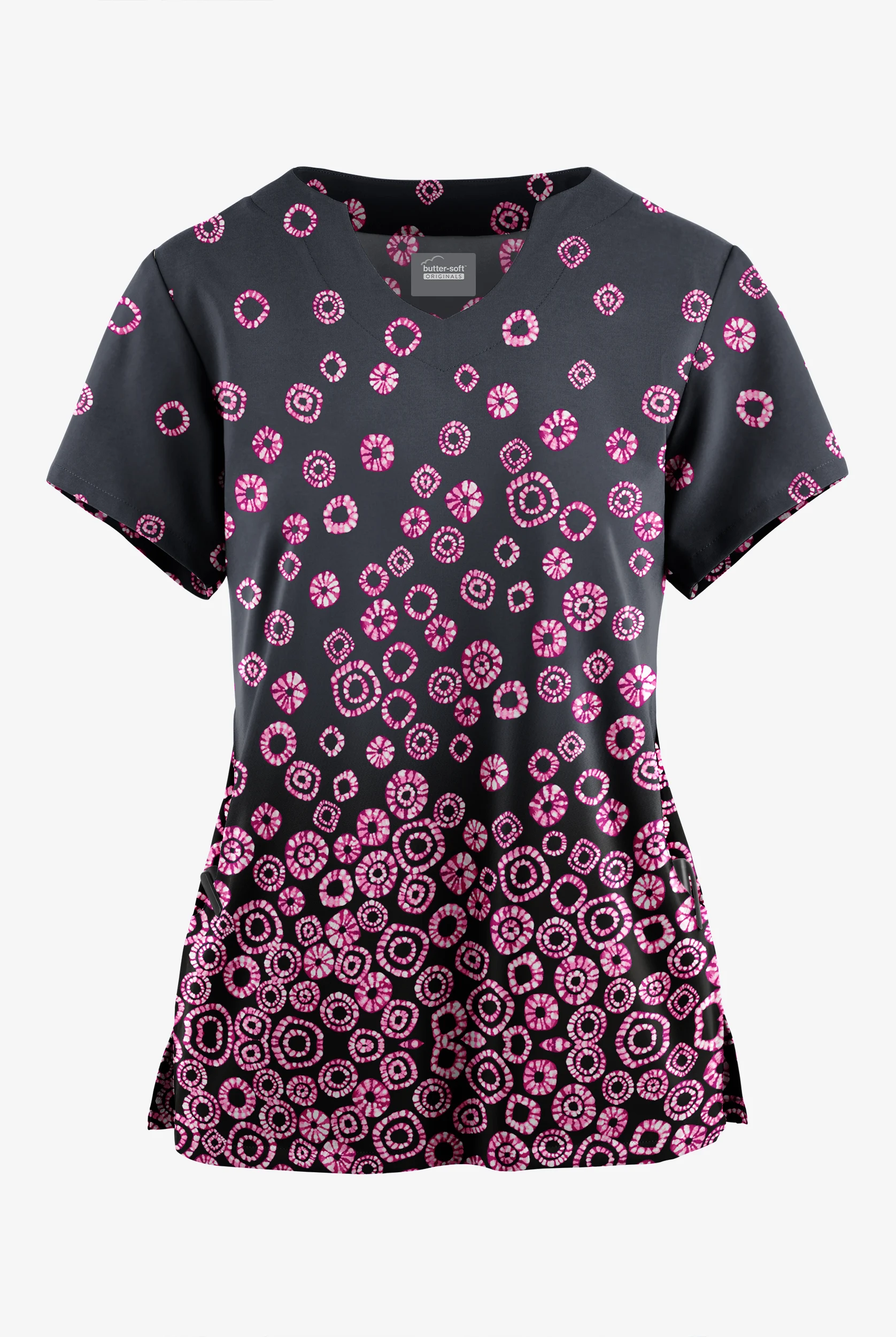 Butter-Soft Originals Jakarta Border Pewter Women's 2-Pocket Scallop Neck Print Scrub Top