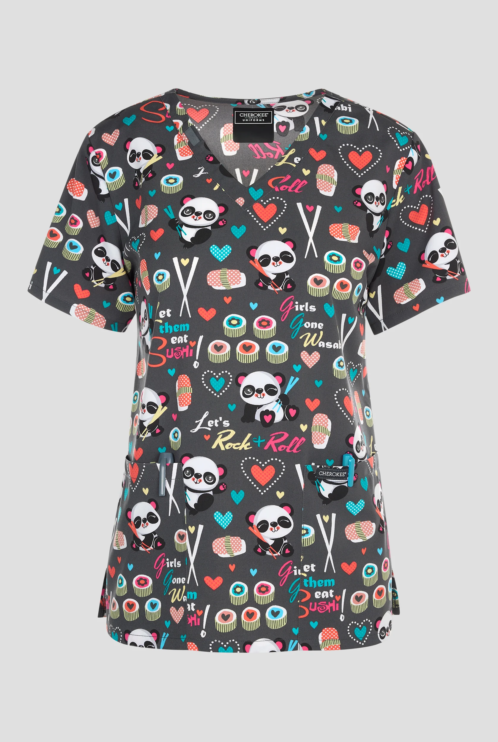 Cherokee Girls Gone Wasabi Pandas Women's 2-Pocket STRETCH V-Neck Print Scrub Top