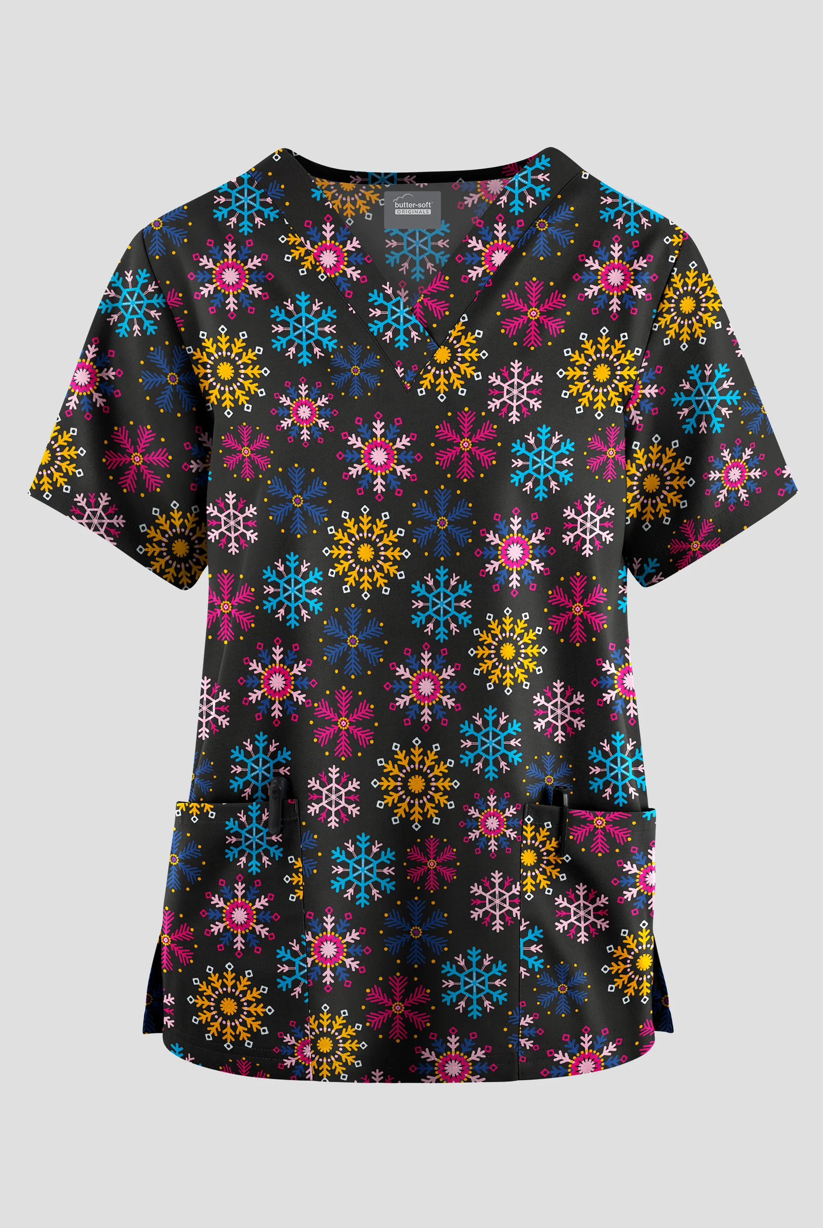 Butter-Soft Originals Snow Flurries Women's 2-Pocket V-Neck Print Scrub Top