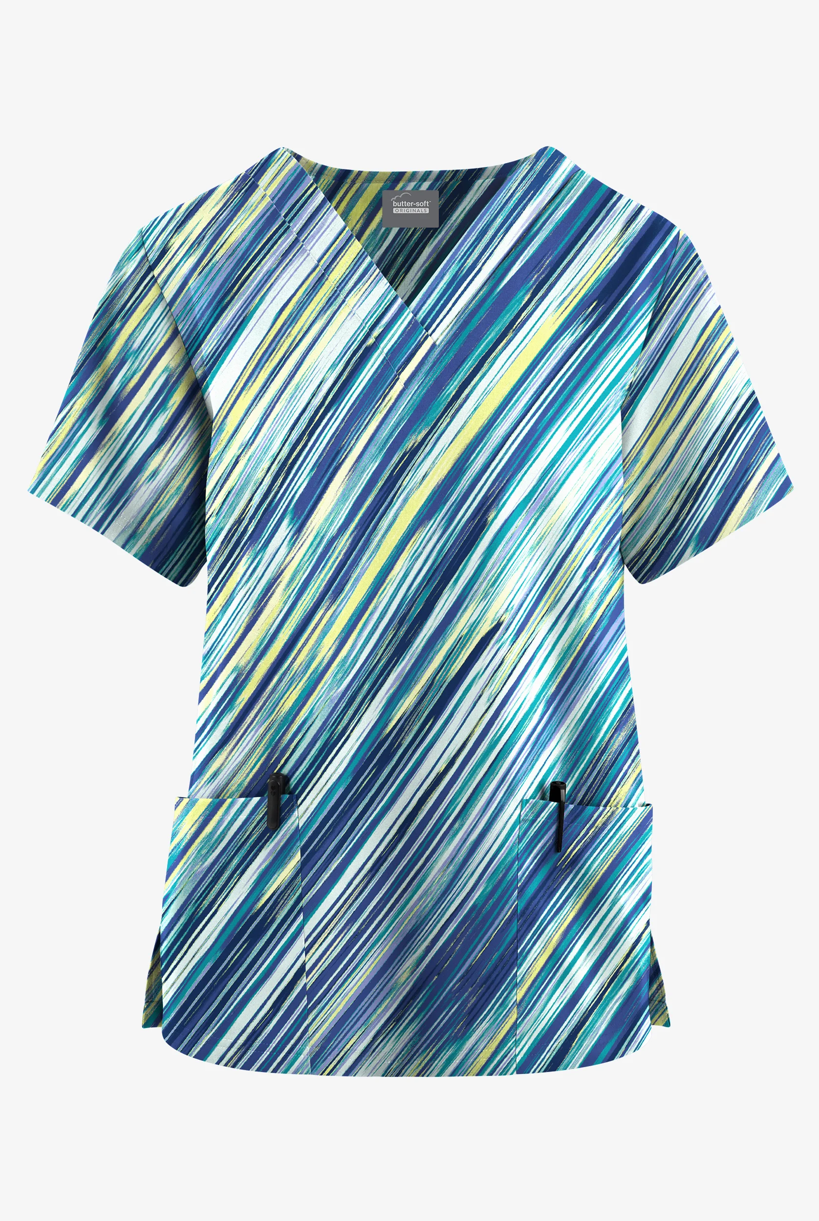 Blusa médica estampada Butter-Soft Originals Light Speed Salt Blue con cuello en V y 2 bolsillos para mujer