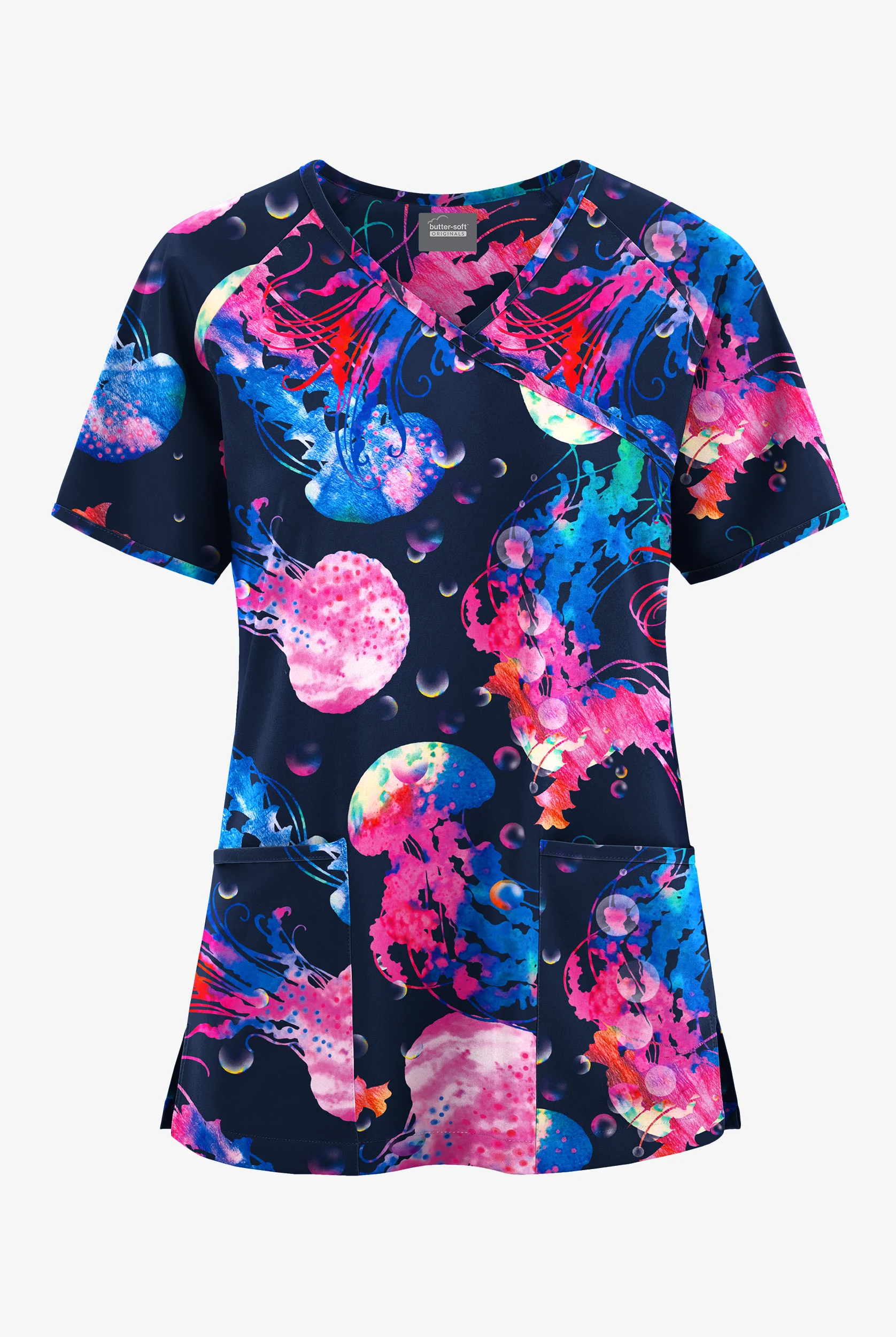 Butter-Soft Originals Serenity Voyage Women's 3-Pocket Raglan Sleeve Mock Wrap Print Scrub Top
