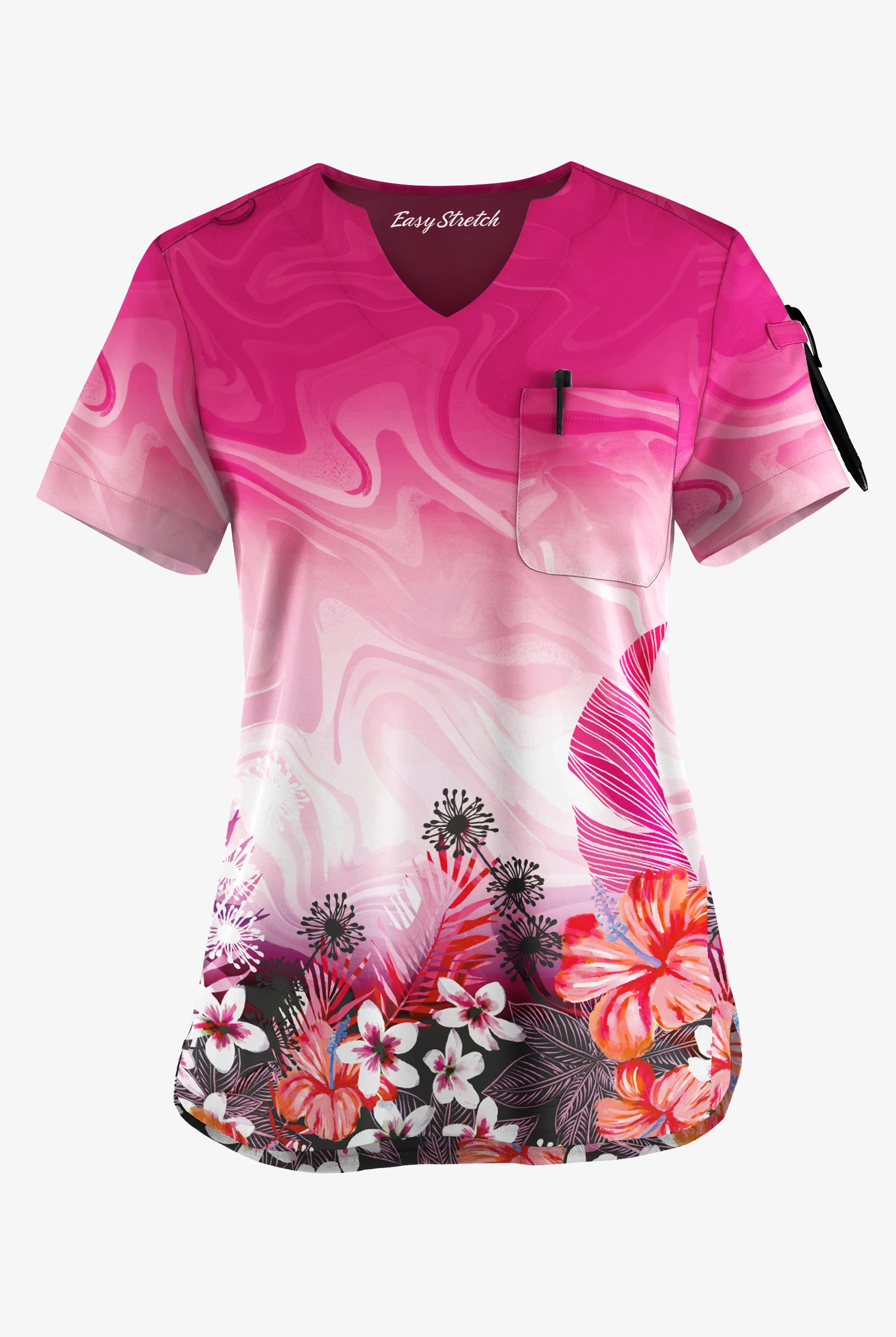 Easy Stretch Honolulu Garden Women's 1-Pocket Scallop Neck Tuck-In Printed Scrub Top