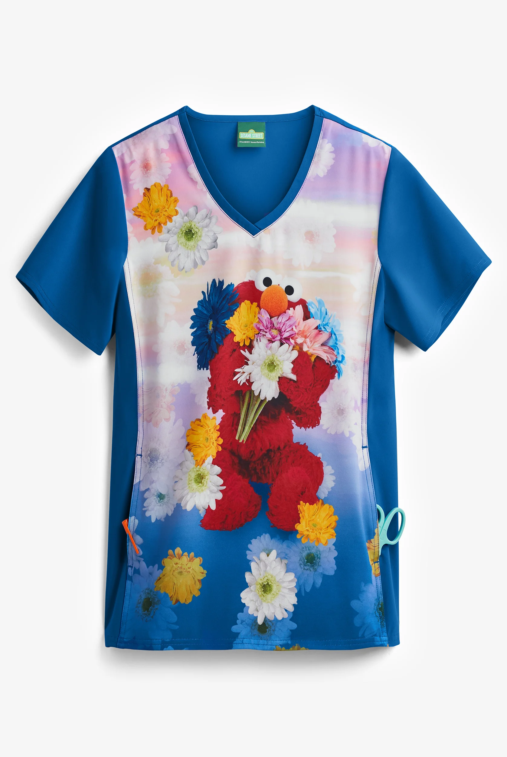 Cherokee Tooniforms Sesame Street Elmo Flowers Women's 1-Pocket V-Neck Print Scrub Top