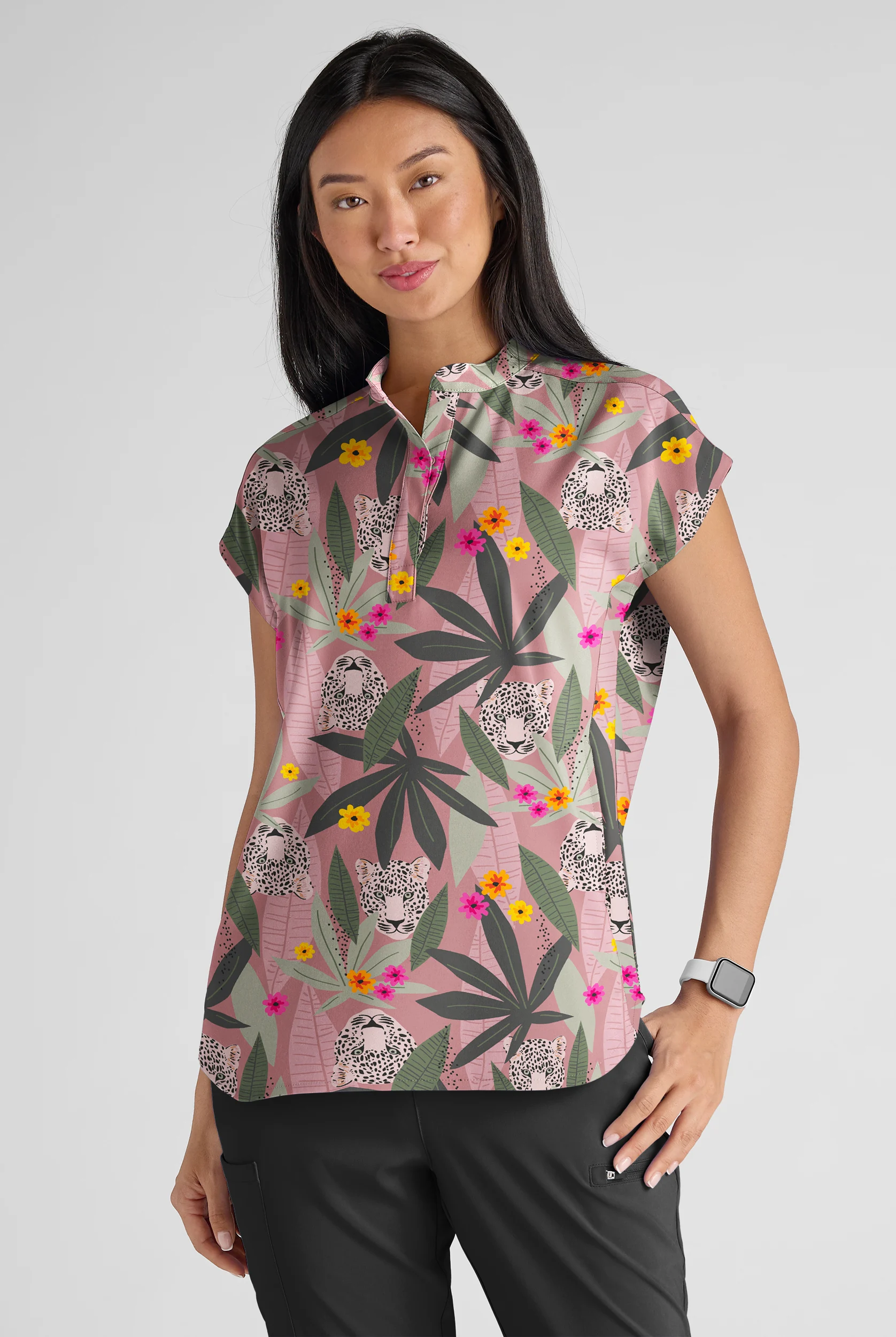 Butter-Soft STRETCH Exotic Jungle Women's 2-Pocket Oversized Dolman Sleeve Print Scrub Top