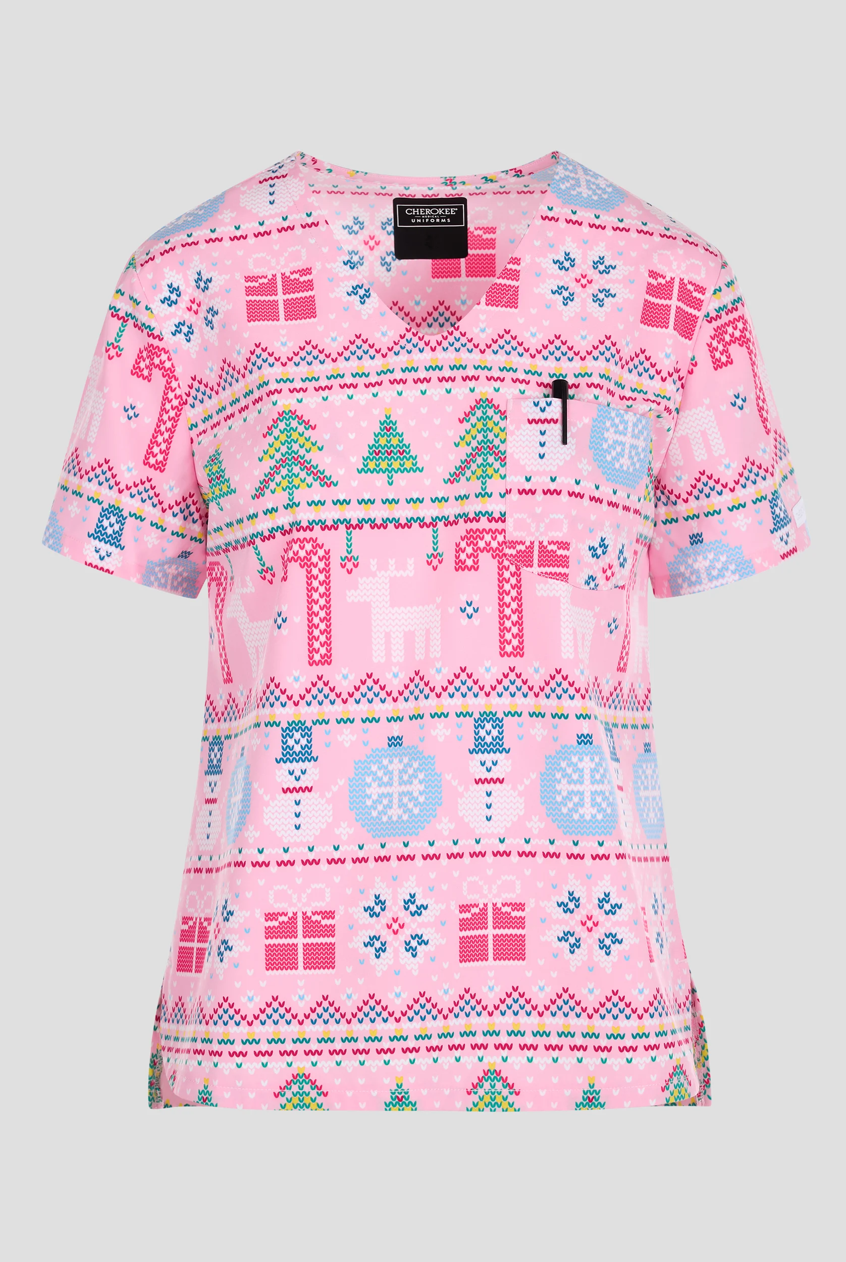 Cherokee Festive Fair Isle Women's 2-Pocket STRETCH V-Neck Print Scrub Top