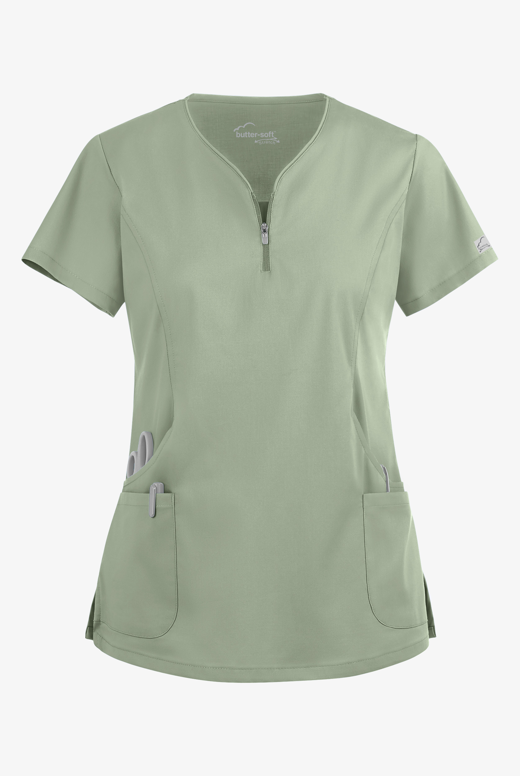 Butter-Soft STRETCH Women's 4-Pocket Curved Neck Zipper Scrub Top