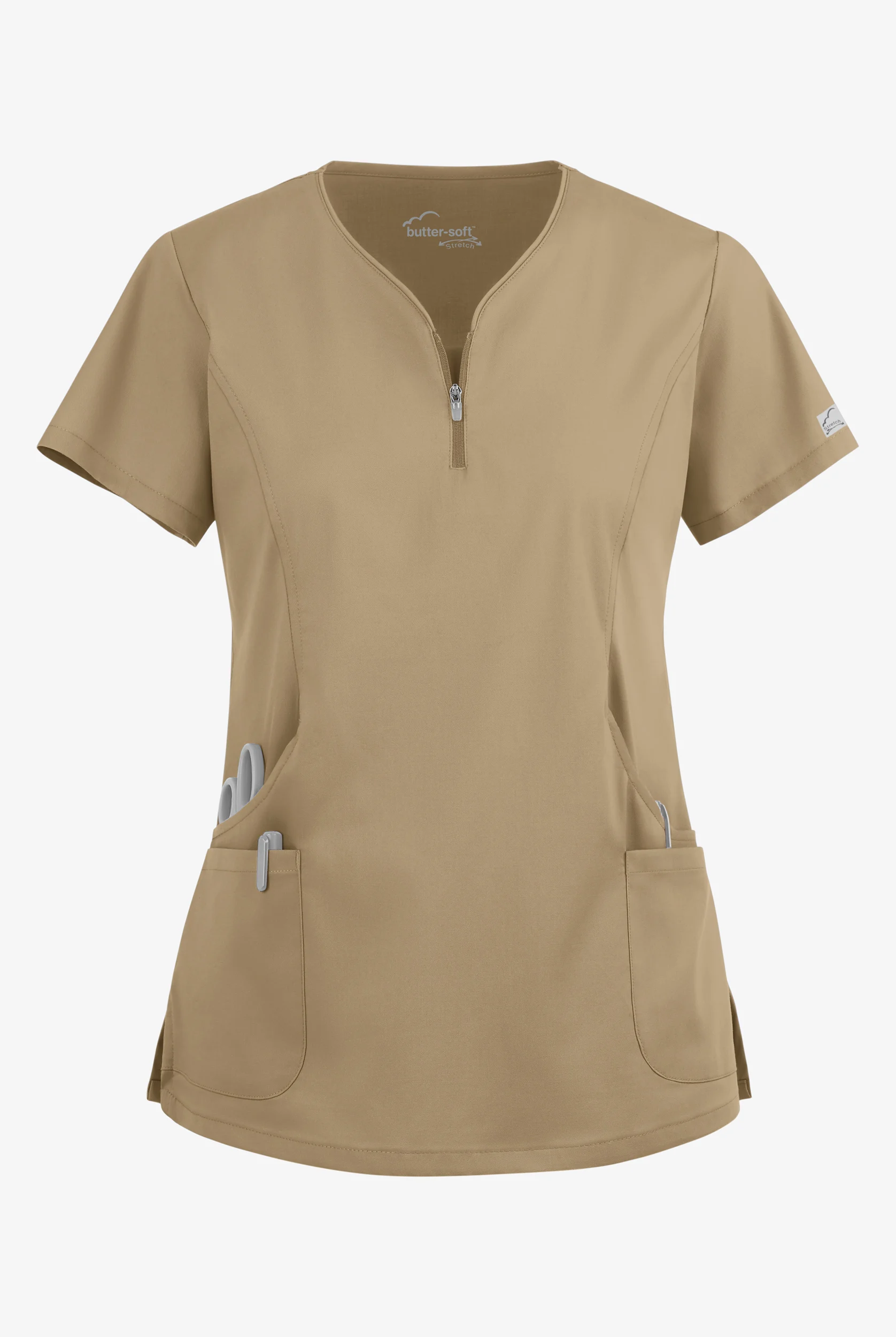 Butter-Soft STRETCH Women's 4-Pocket Curved Neck Zipper Scrub Top