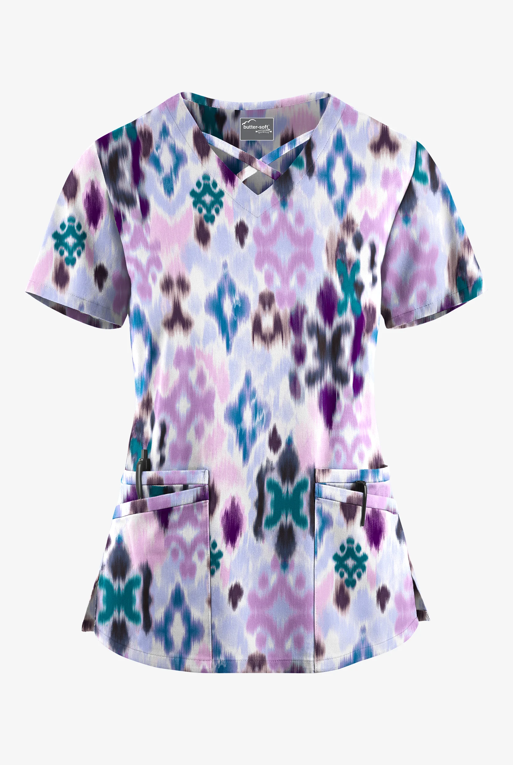 Butter-Soft STRETCH Varna Ikat Orchid Women's 4-Pocket Crisscross Print Scrub Top