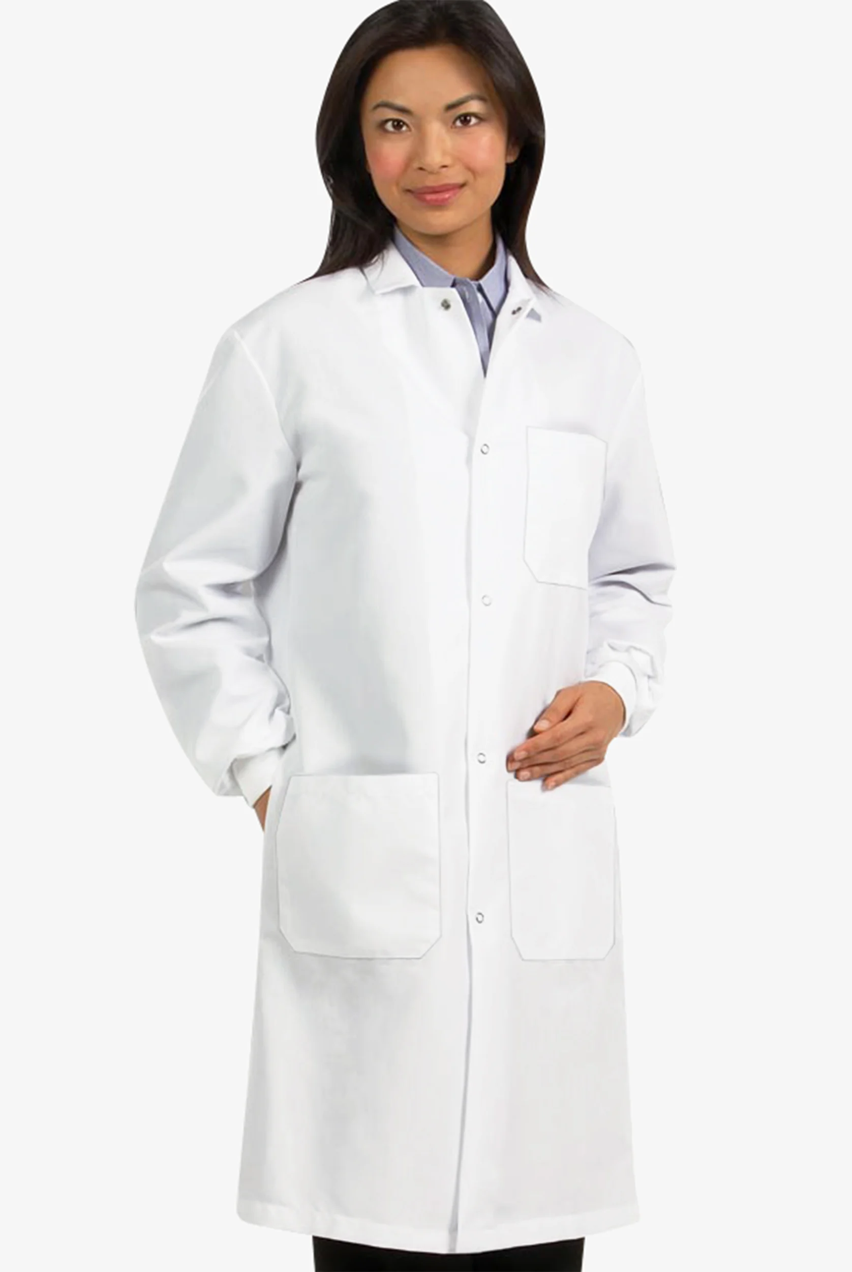 Bata de laboratorio unisex Fashion Seal con botones a presi&oacute;n y cuello convertible 