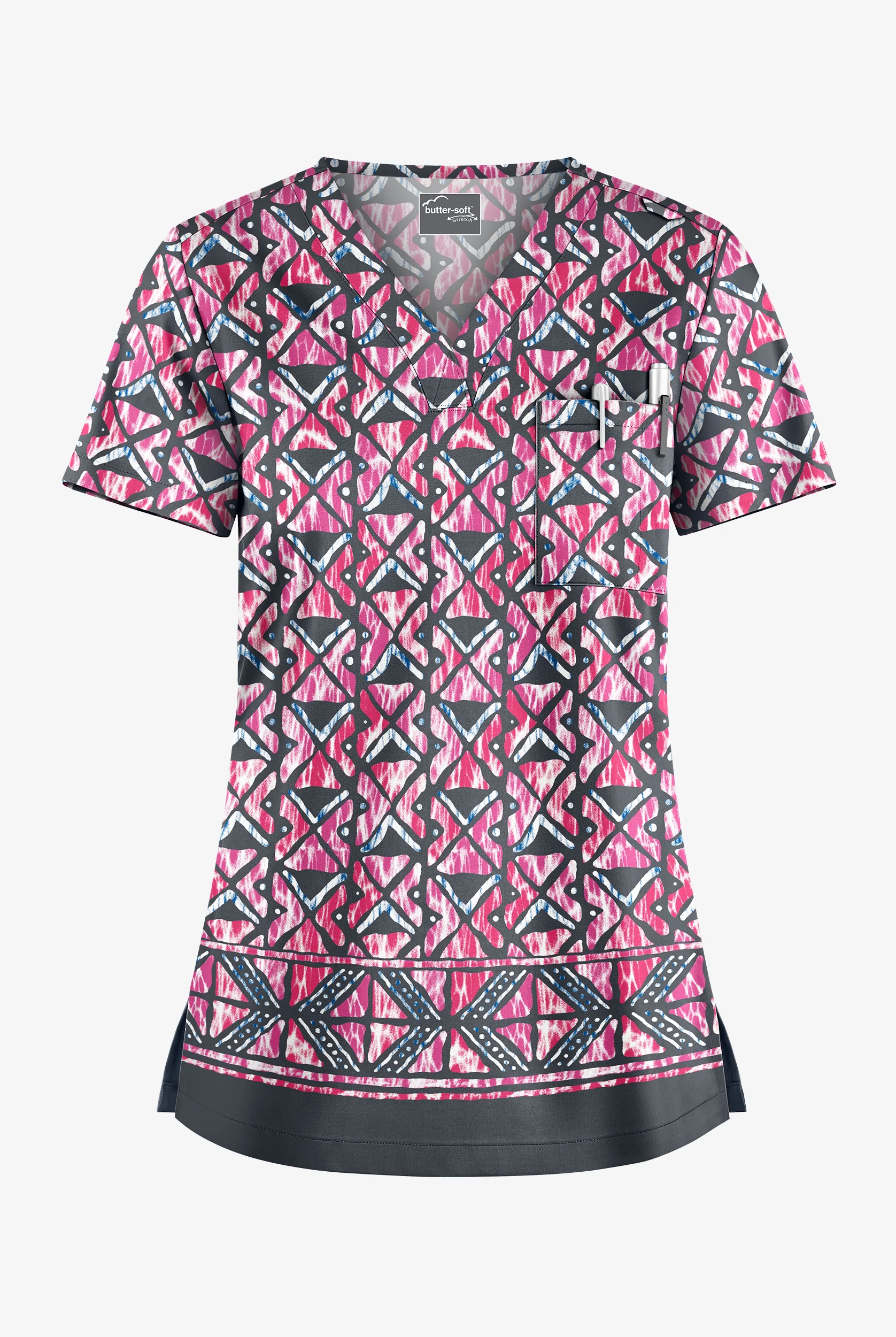 Butter-Soft STRETCH Day Dance Pewter Women's 1-Pocket V-Neck Print Scrub Top