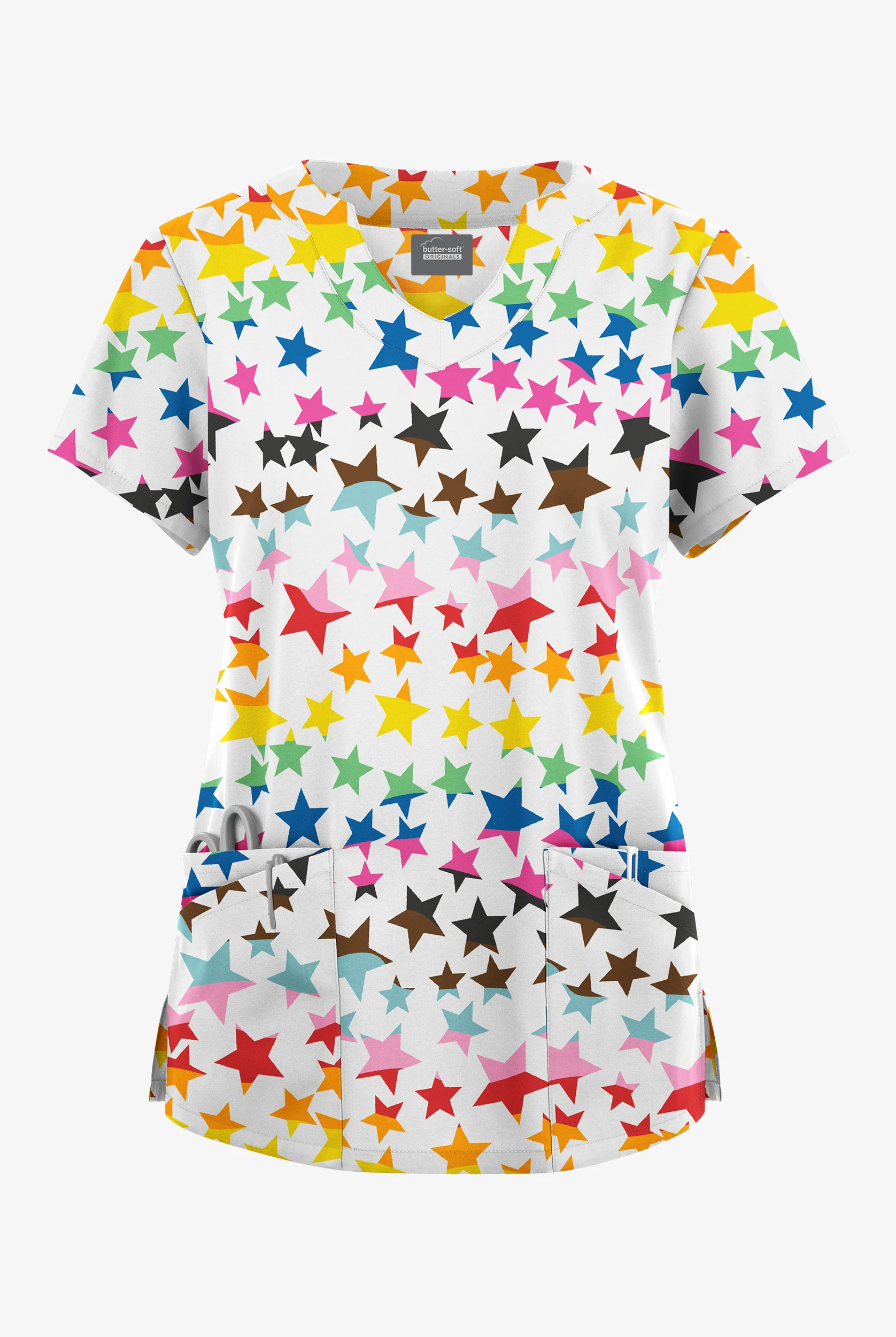 Butter-Soft Originals Happy Stars Women's 6-Pocket Scallop Neck Print Scrub Top
