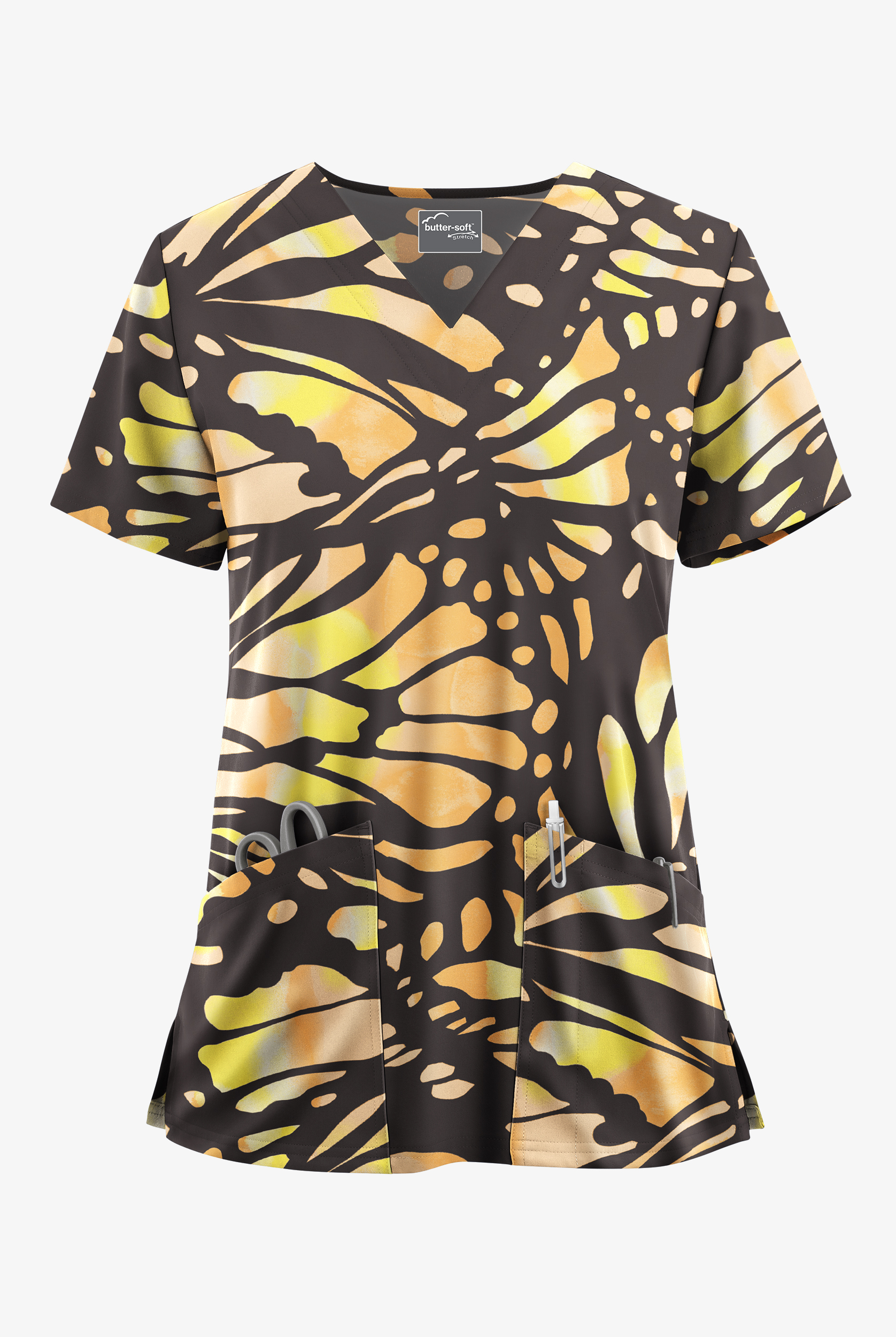 Butter-Soft STRETCH Bold Butterfly Pewter Women's 2-Pocket V-Neck Print Scrub Top