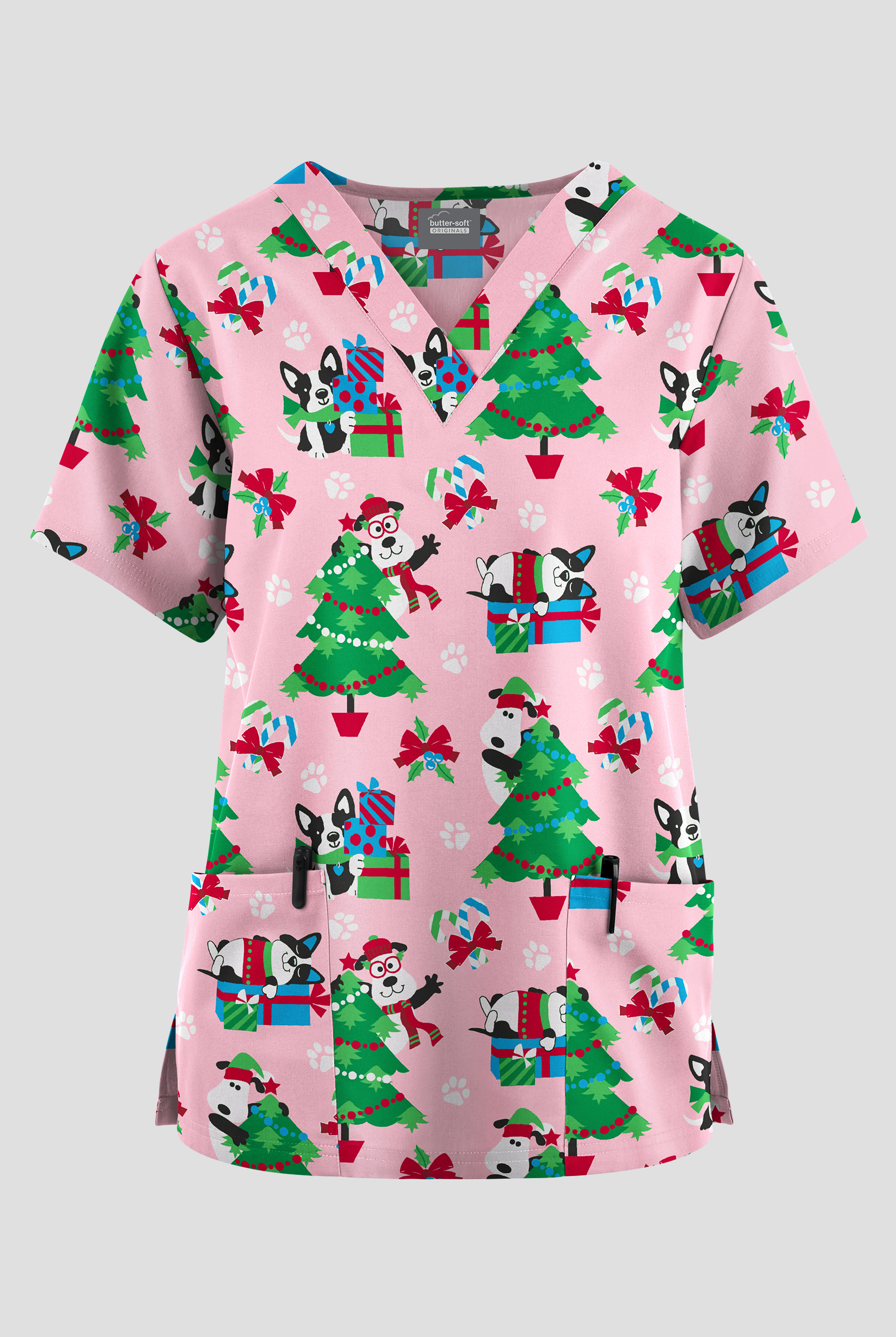 Butter-Soft Originals Wrapped In Joy Blush Women's 2-Pocket V-Neck Print Scrub Top