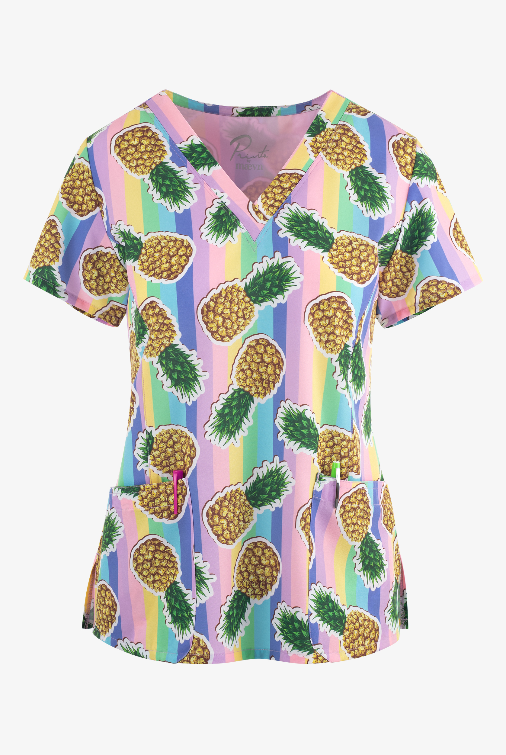 Maevn Mad About Pineapples Women's 3-Pocket STRETCH V-Neck Print Scrub Top
