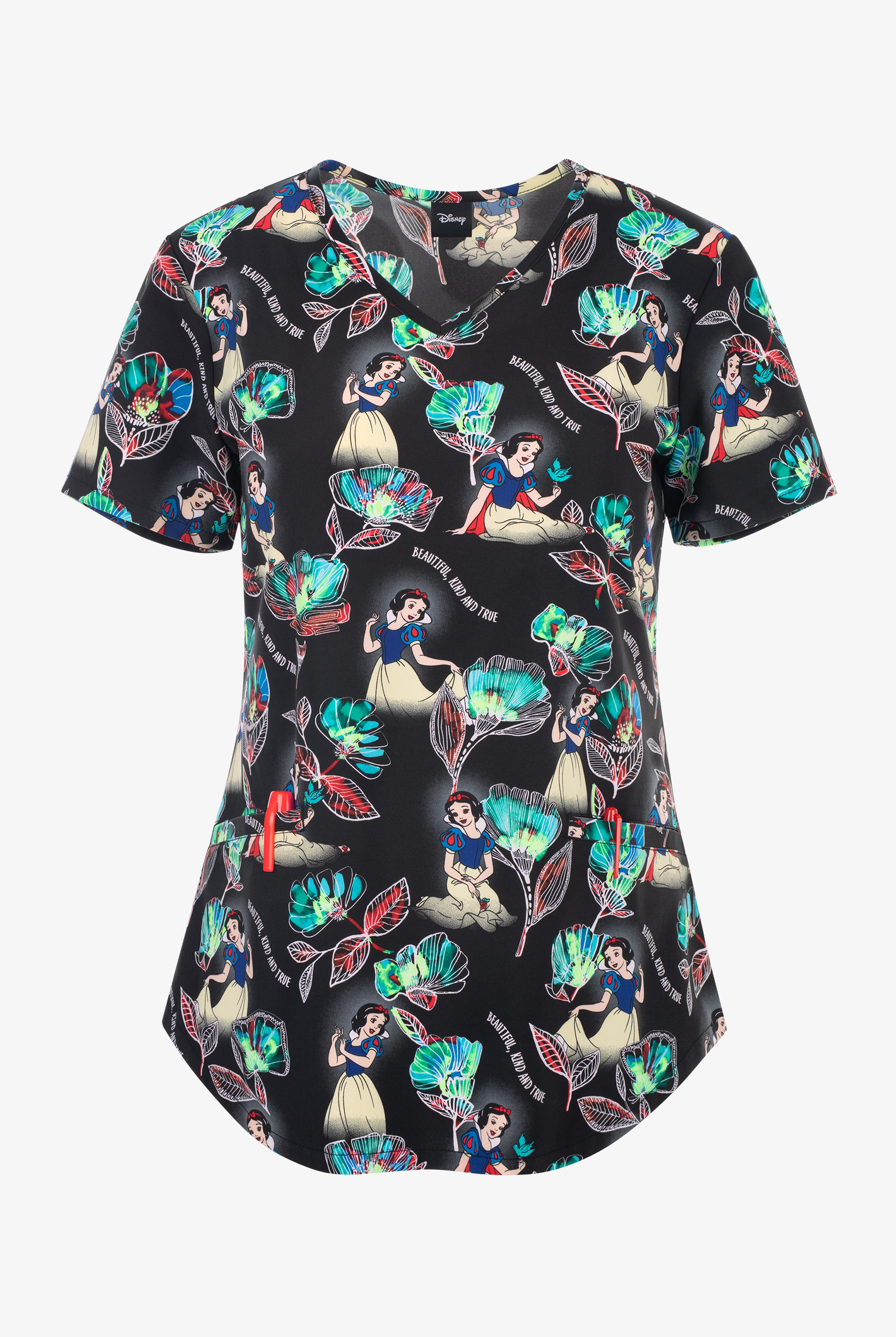 Tooniforms Disney's Snow White Kind and True Women's 2-Pocket STRETCH V-Neck Print Scrub Top