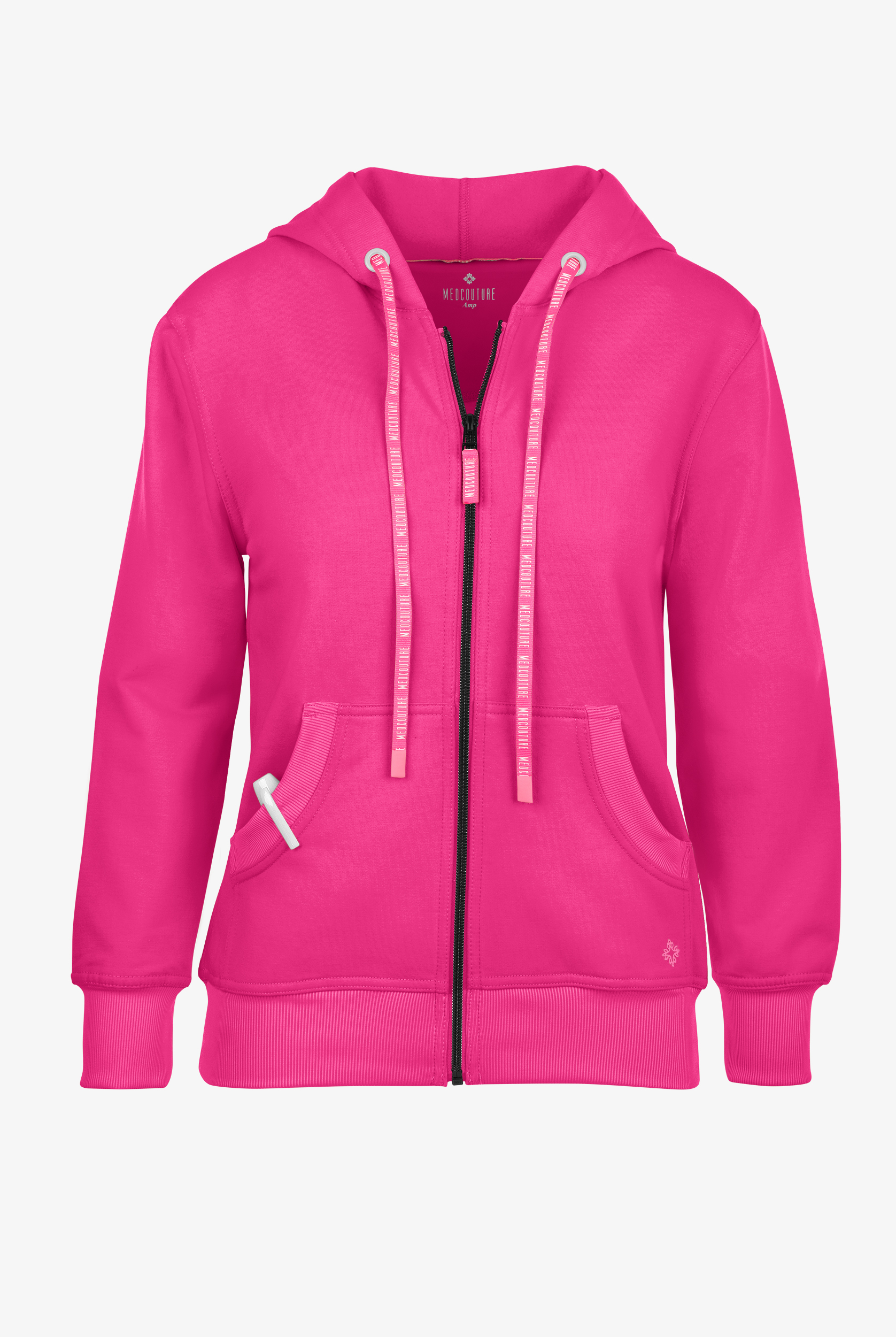 Med Couture Amp Women's 2-Pocket STRETCH Knit Embossed Logo Zip Hoodie Scrub Jacket