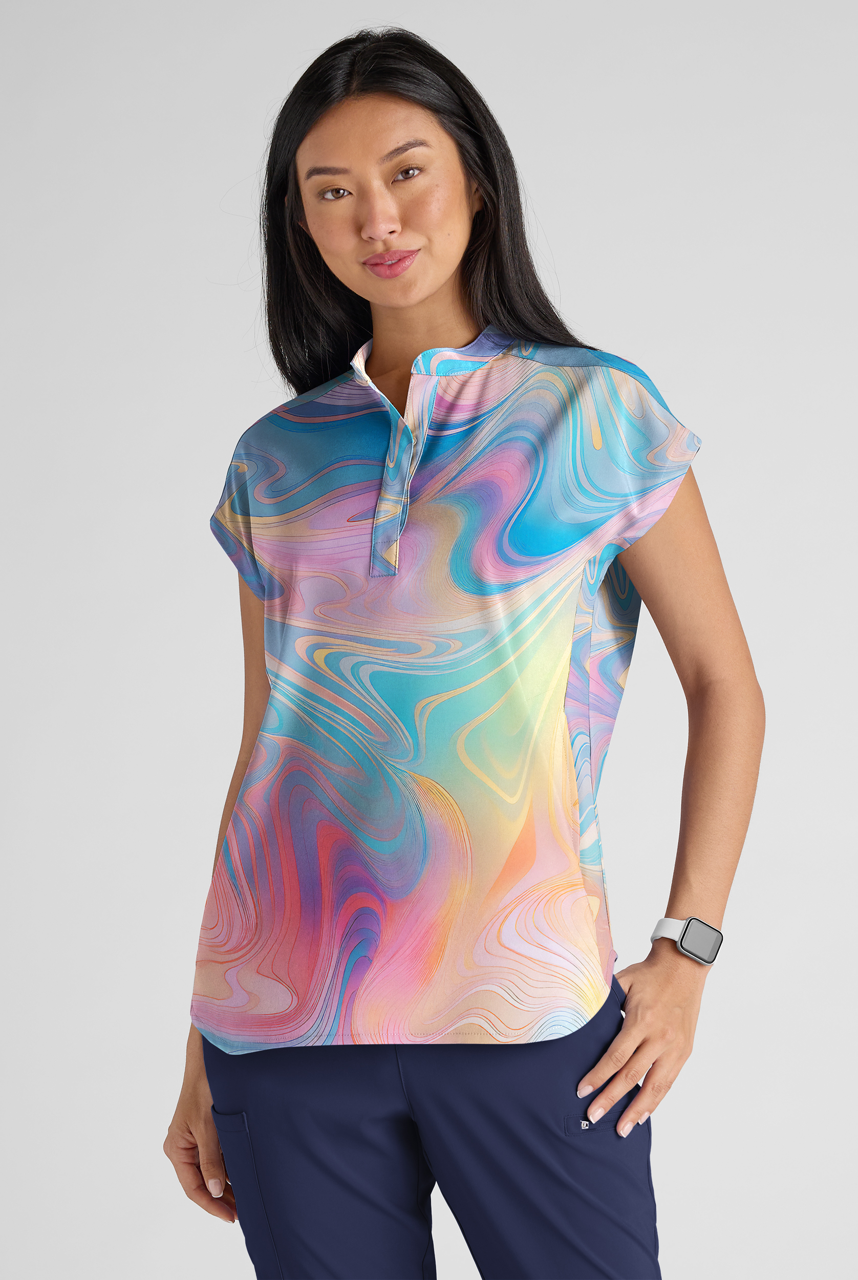 Easy STRETCH Dreamy Waves Turquoise Women's 2-Pocket Oversized Dolman Sleeve Print Scrub Top