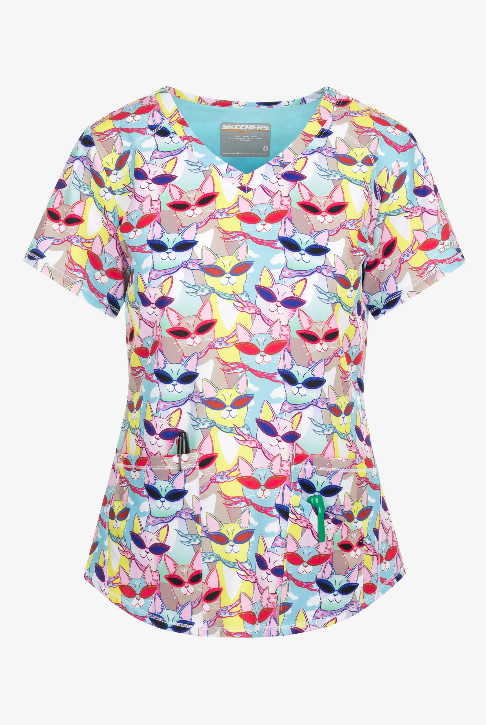 Skechers by Barco Windy Kitty Women's 3-Pocket STRETCH V-Neck Print Scrub Top
