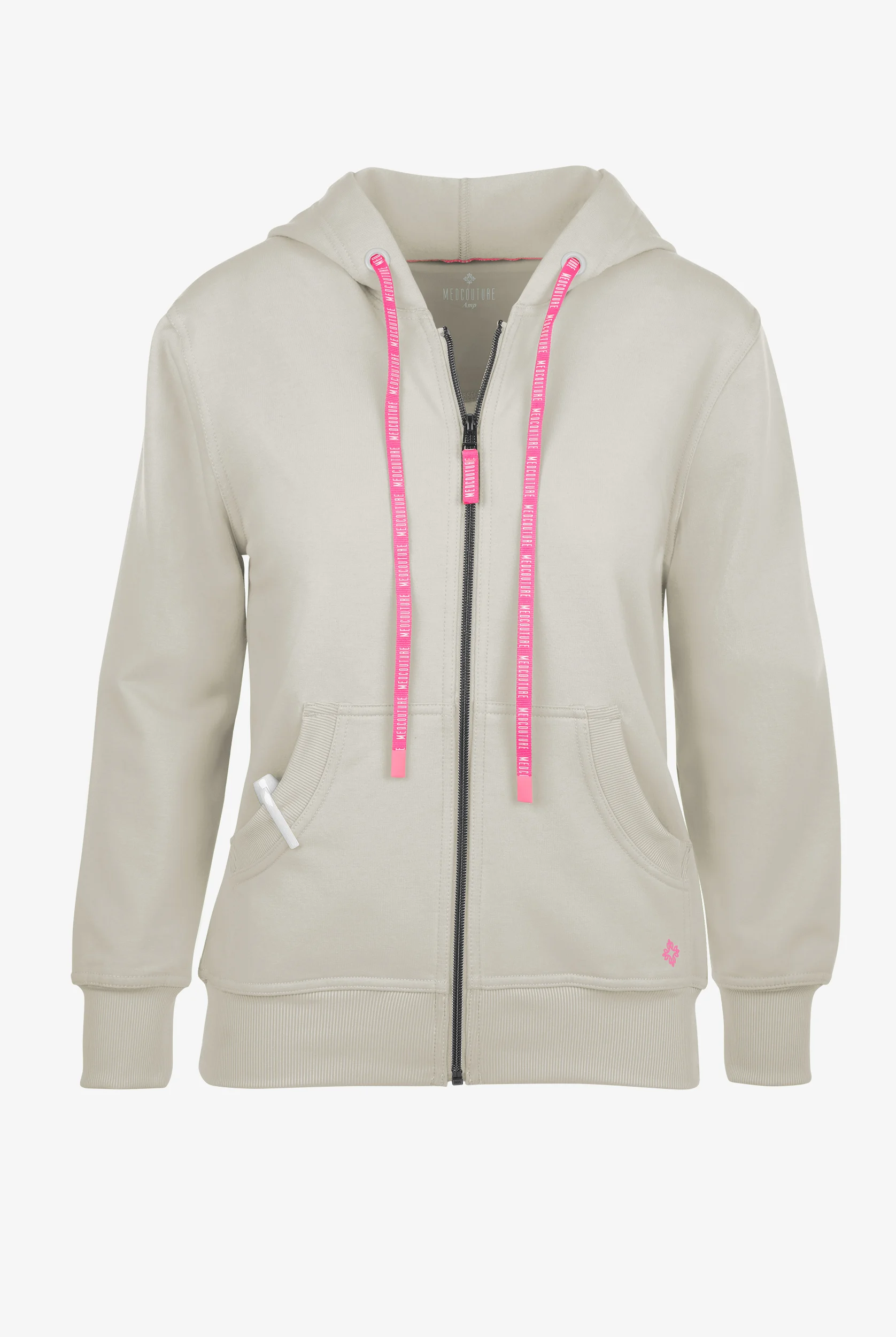 Med Couture Amp Women's 2-Pocket STRETCH Knit Embossed Logo Zip Hoodie Scrub Jacket