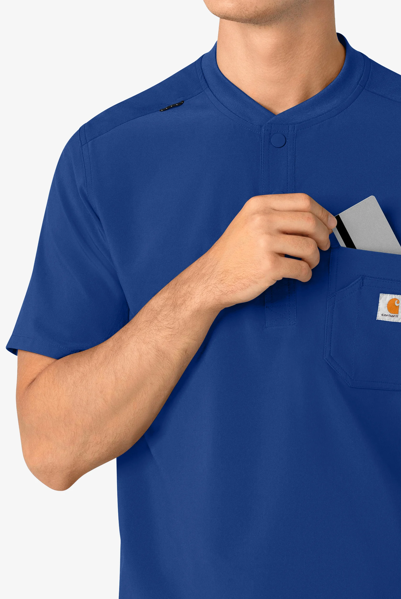Camisa m&eacute;dica Carhartt Cross-Flex STRETCH estilo Henley con cuello y 3 bolsillos para hombre