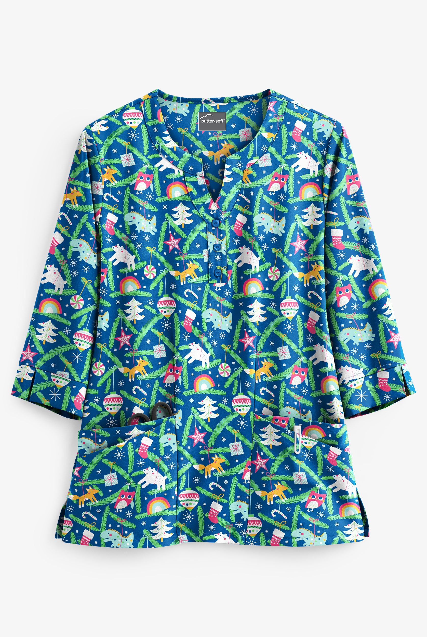 Butter-Soft Happy Ornaments Royal Women's 4-Pocket 3/4" Sleeve Print Scrub Top