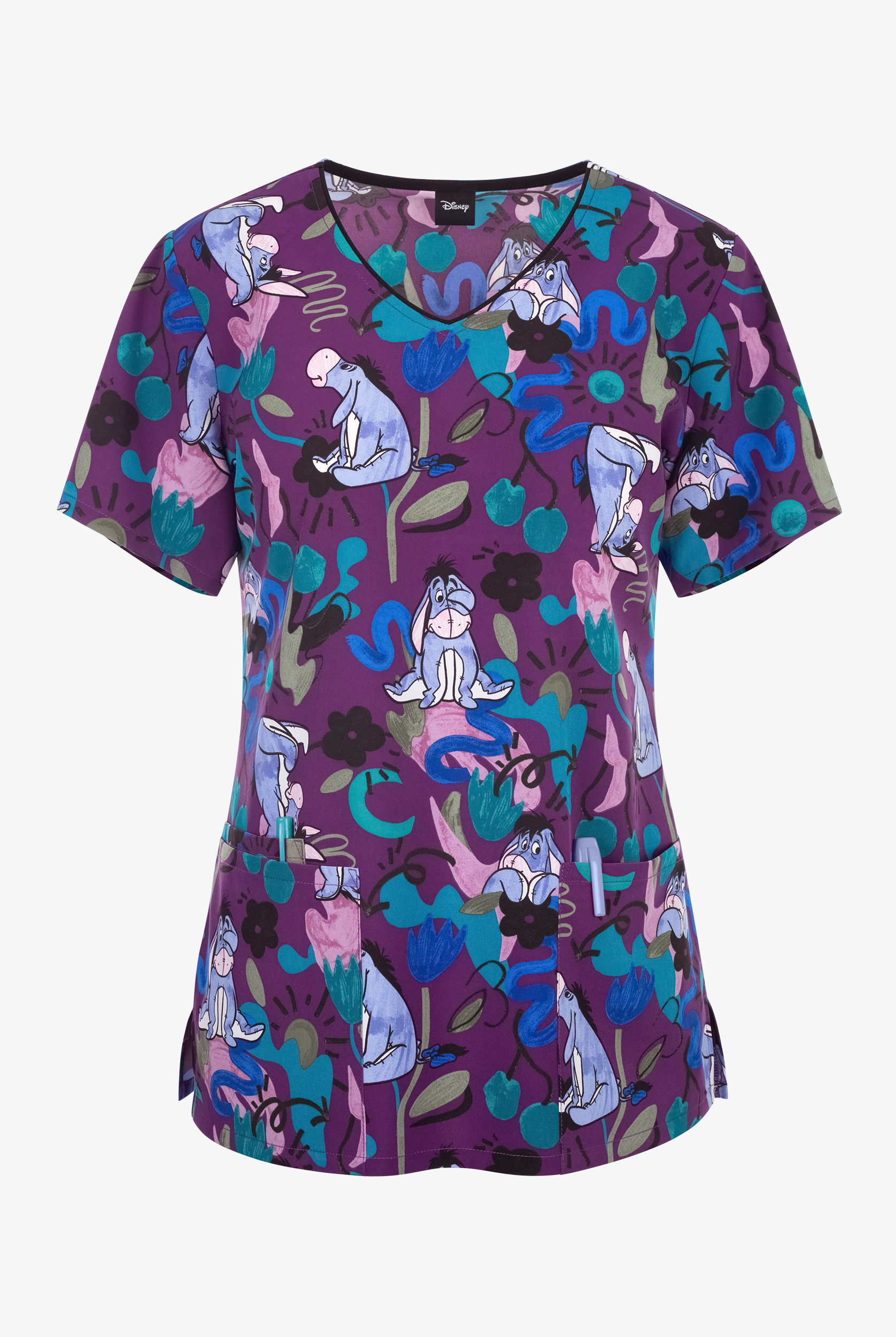 Tooniforms Disney's Eeyore Doodle Donkey Women's 3-Pocket STRETCH V-Neck Print Scrub Top