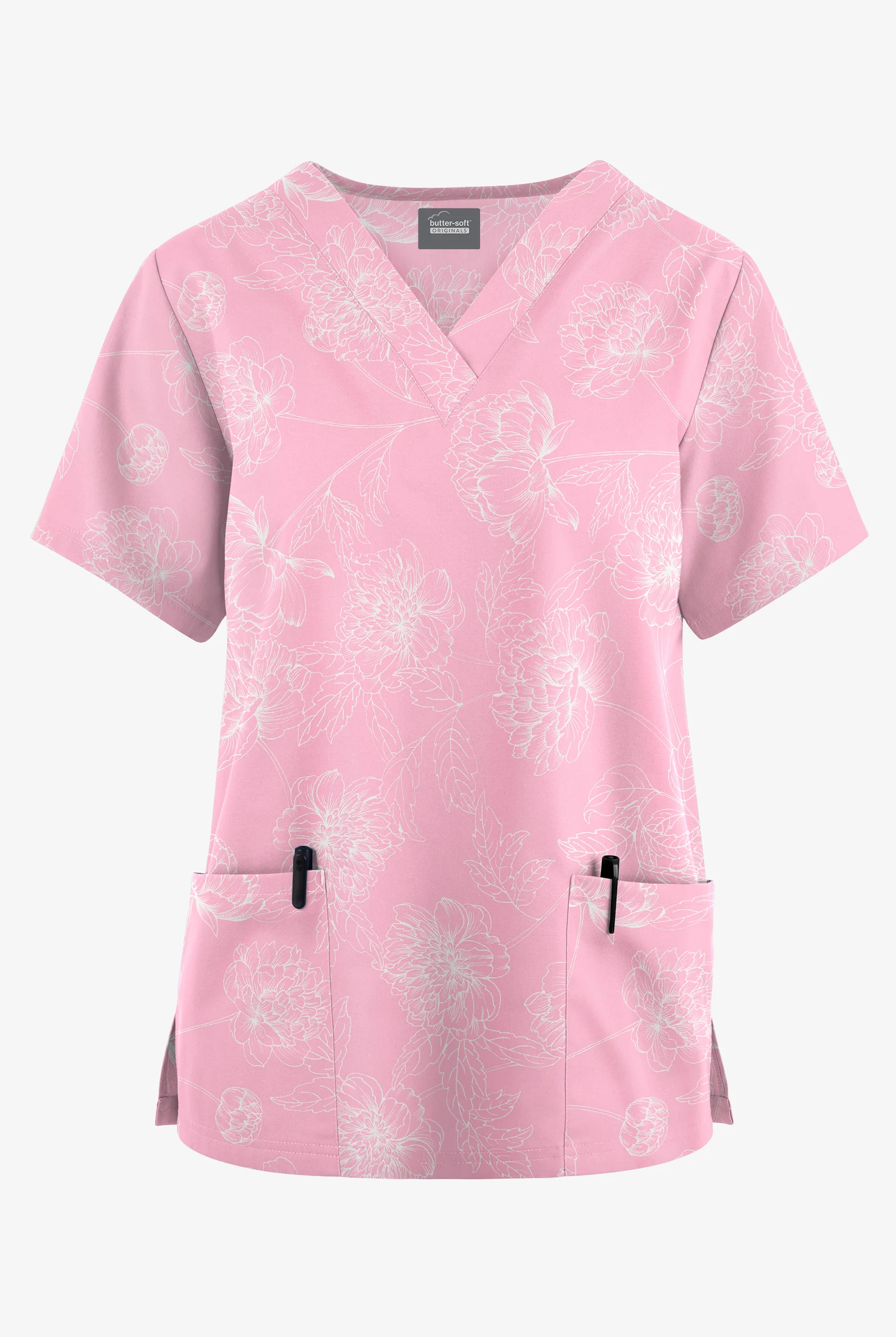 Butter-Soft Originals Peony Garden Blush Women's 2-Pocket V-Neck Print Scrub Top