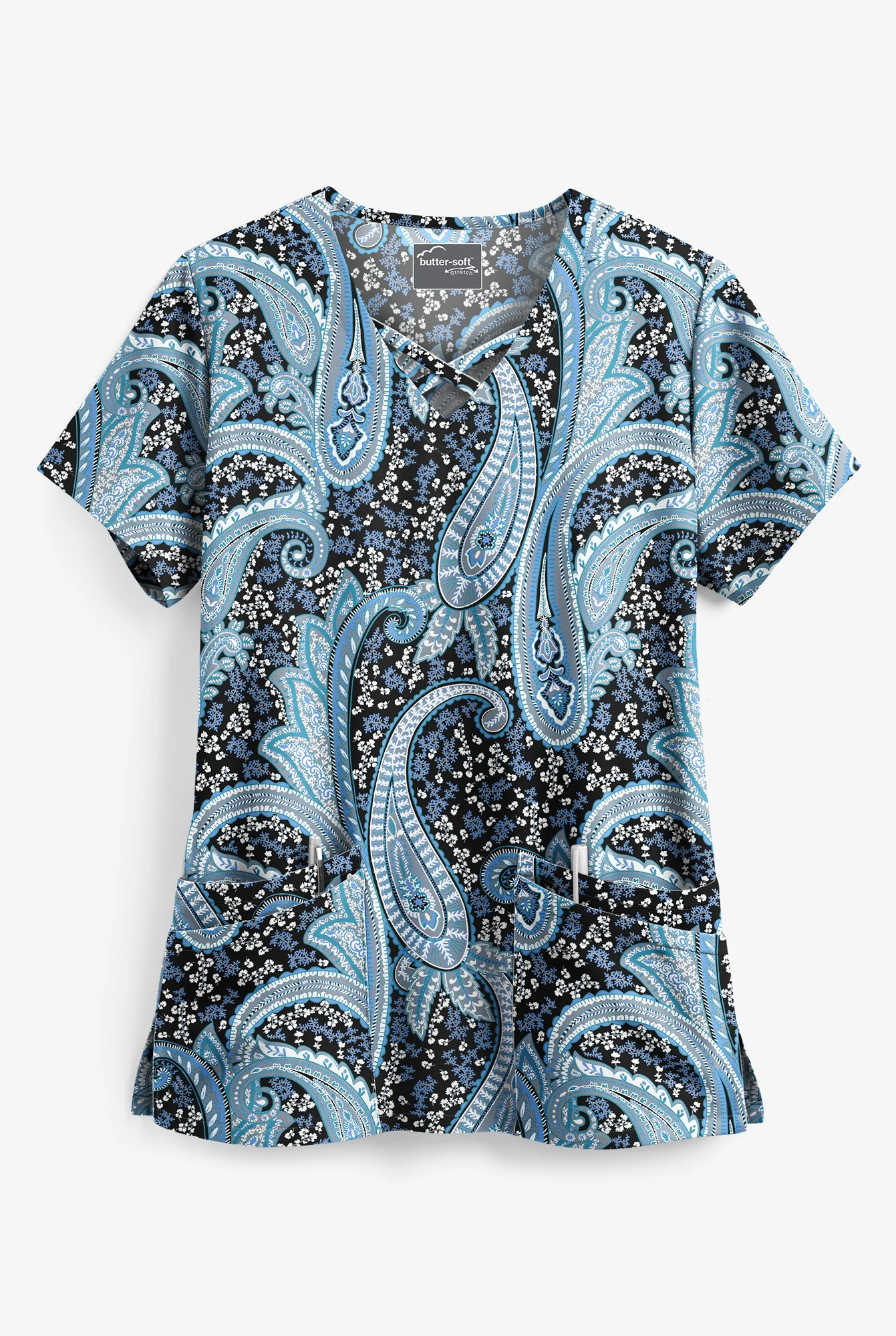 Butter-Soft STRETCH Black Floral Paisley Women's 4-Pocket Criss Cross Print Scrub Top