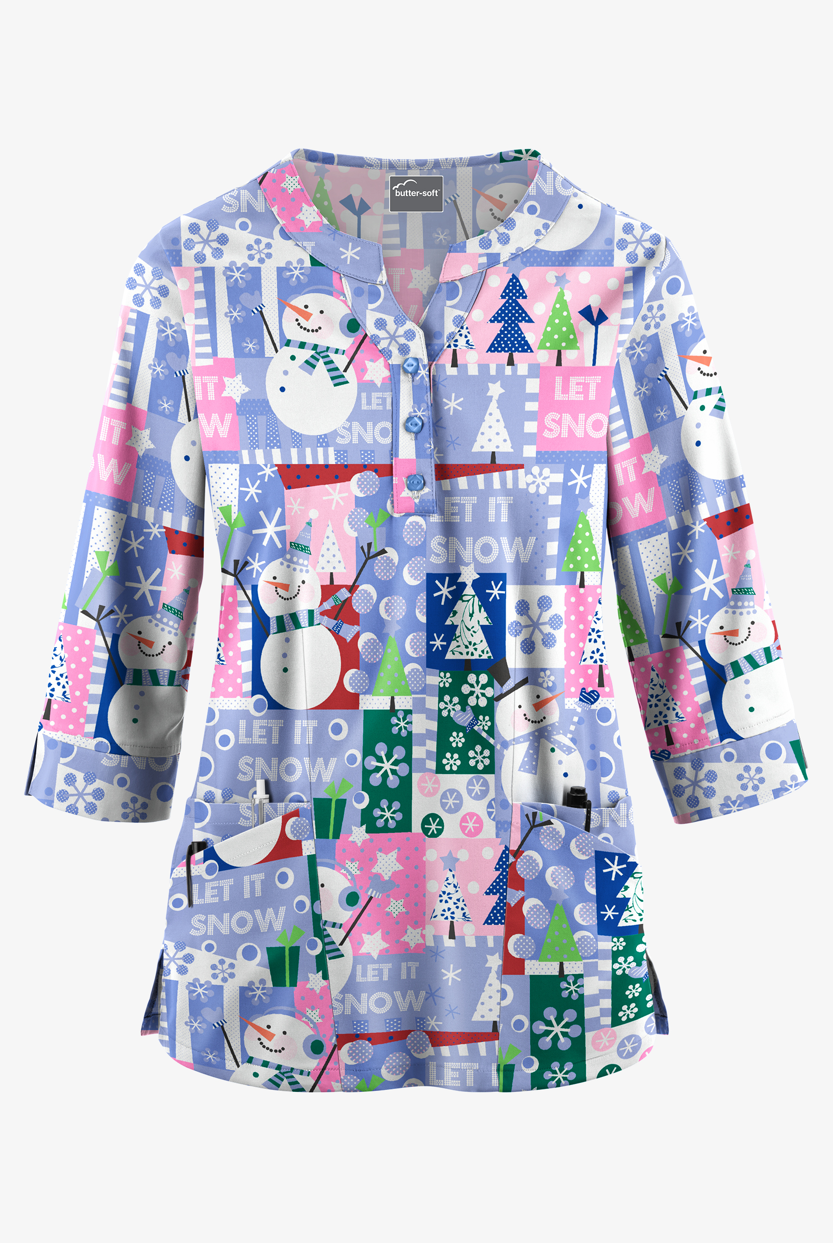 Butter-Soft Joyful Snowman Women's 2-Pocket Round Neckline Print Scrub Top