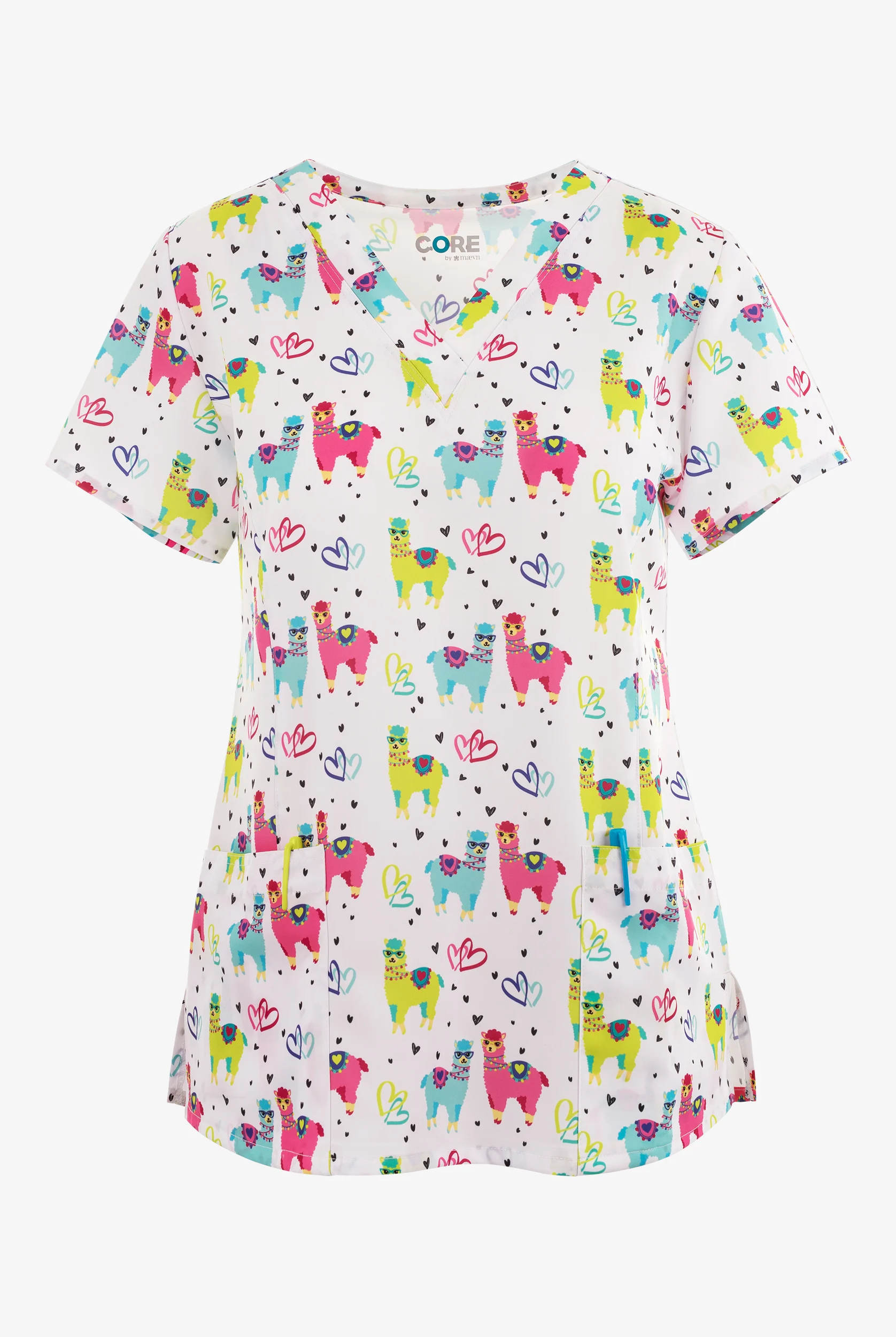 Maevn Llama Momma Hearts Women's 3-Pocket V-Neck Print Scrub Top