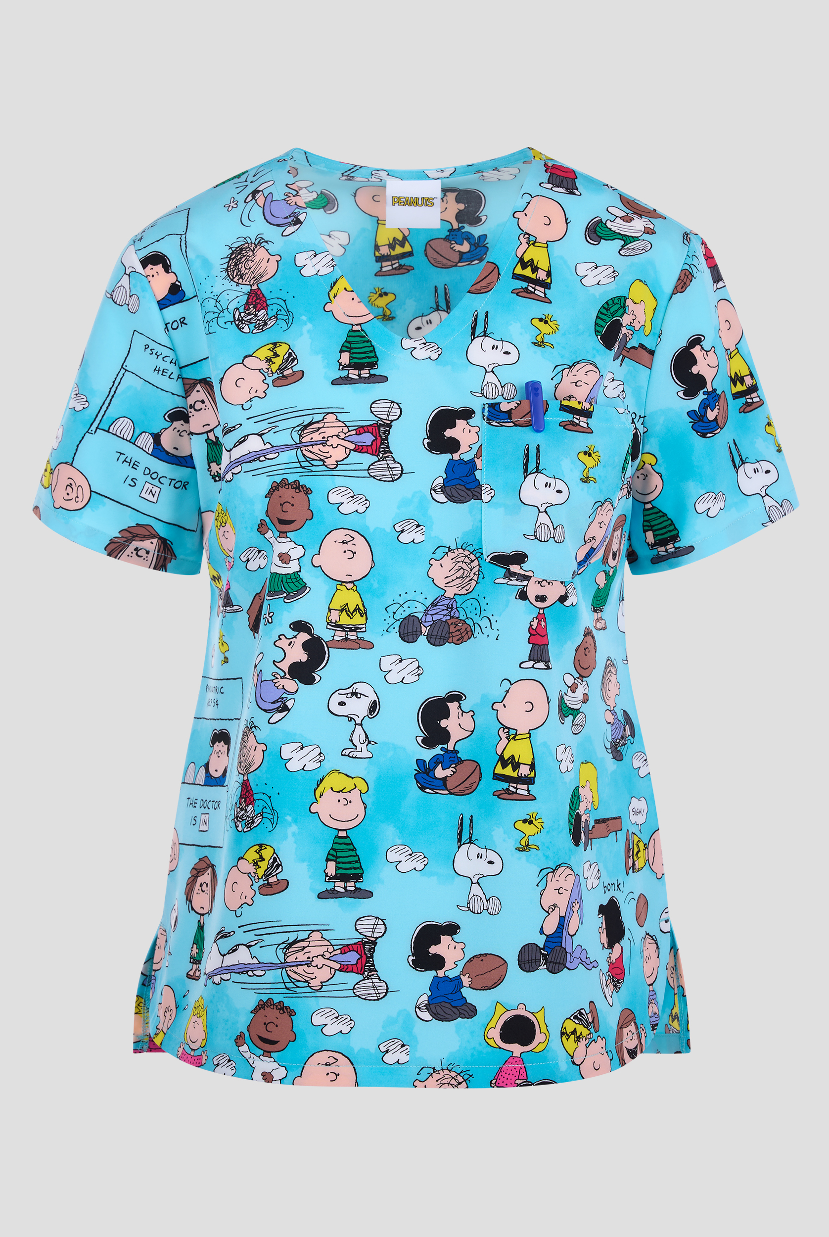 Blusa médica estampada Tooniforms Peanuts Goodness And Grief STRETCH con cuello en V y 2 bolsillos para mujer