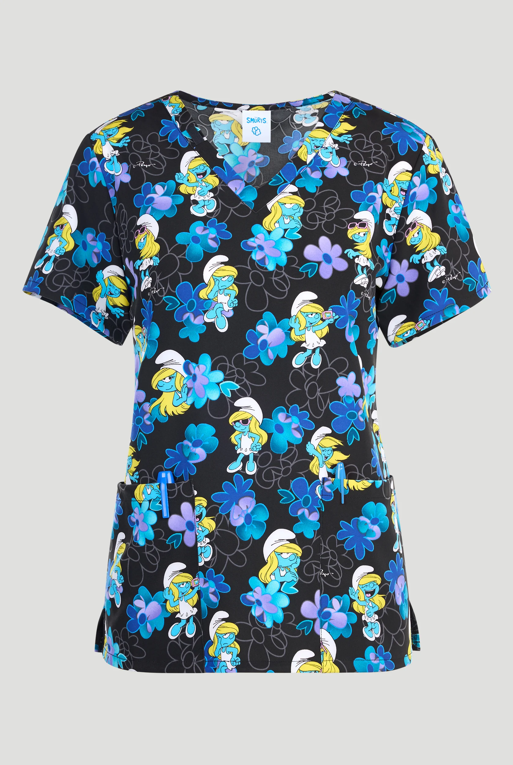 Blusa médica estampada Tooniforms Being Smurfette STRETCH con cuello en V y 2 bolsillos para mujer