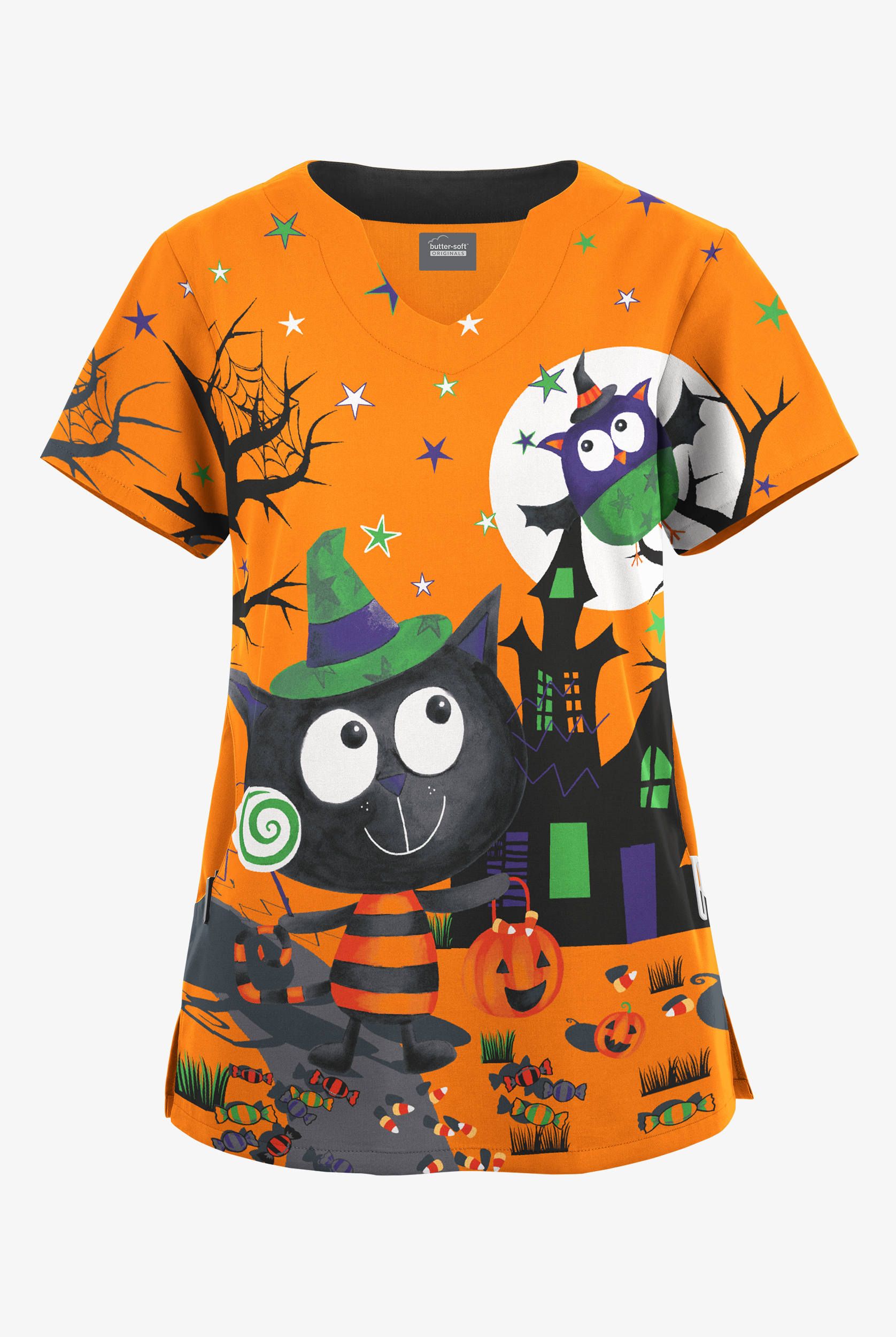 Butter-Soft Originals Spooky Cat Women's 2-Pocket Scallop Neck Print Scrub Top