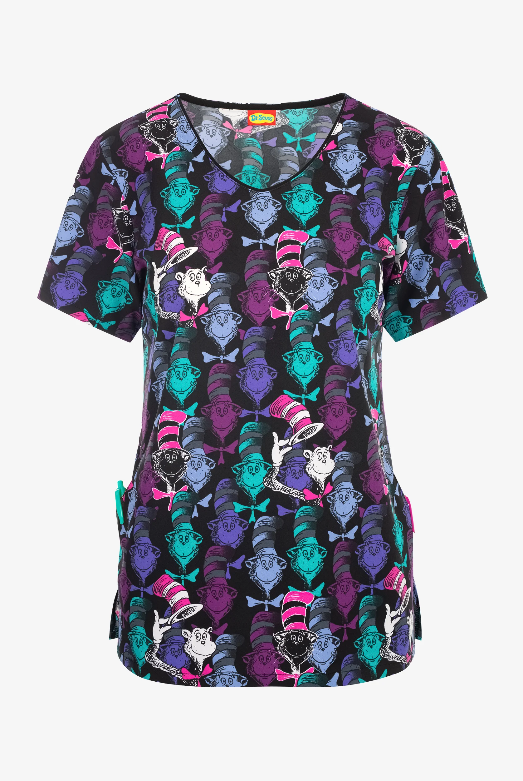 Tooniforms Dr. Seuss One Colorful Cat Women's 2-Pocket STRETCH V-Neck Print Scrub Top