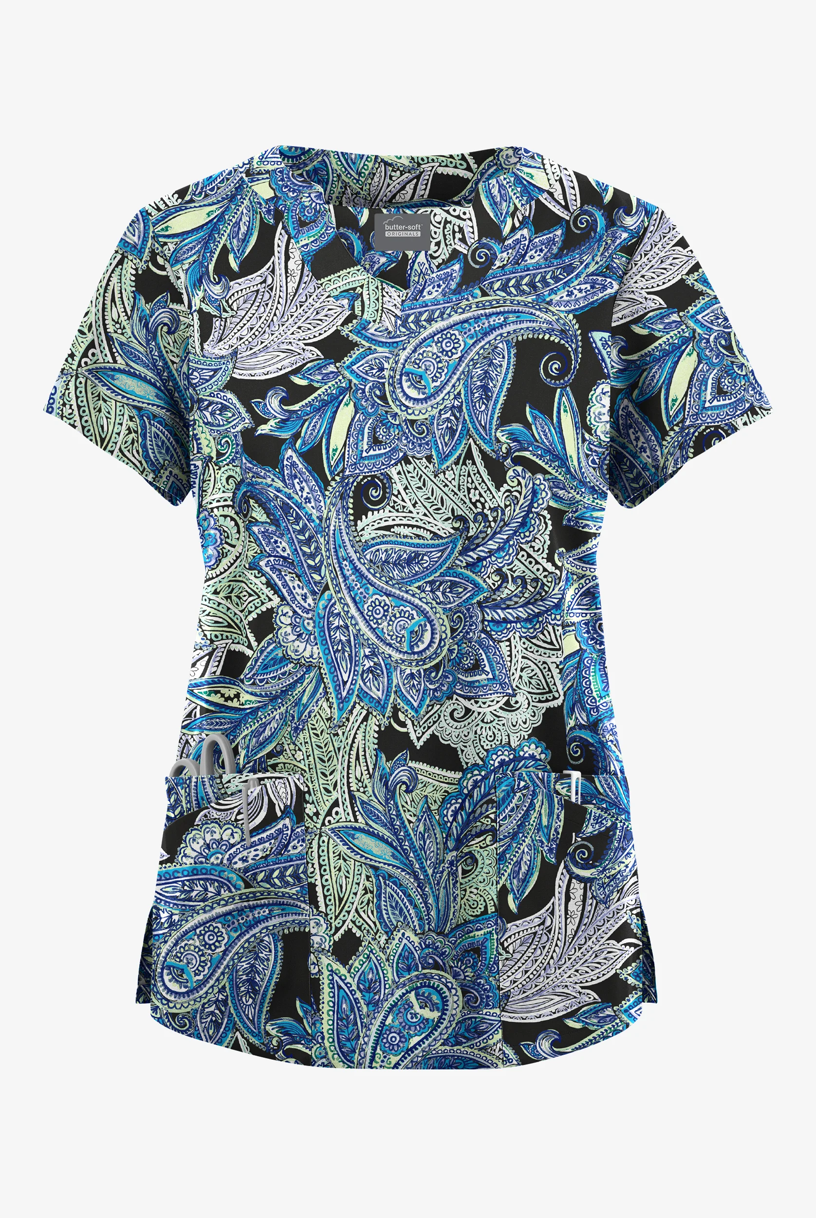 Butter-Soft Originals Layered Paisley Women's 6-Pocket Scallop Neck Print Scrub Top