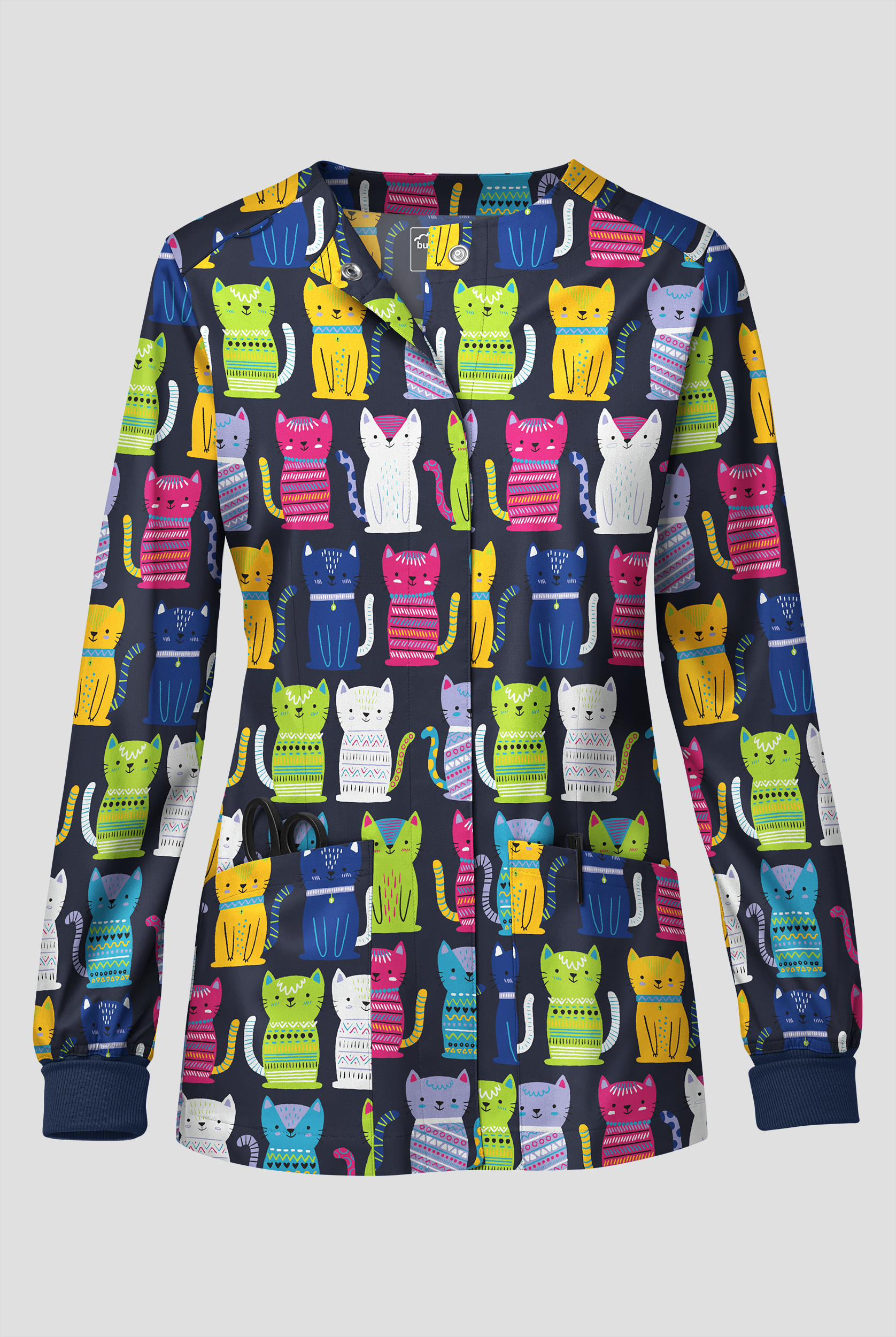 Chaqueta médica estampada Butter-soft STRETCH Just Purr-Fect Navy con botones a presión y 3 bolsillos para mujer