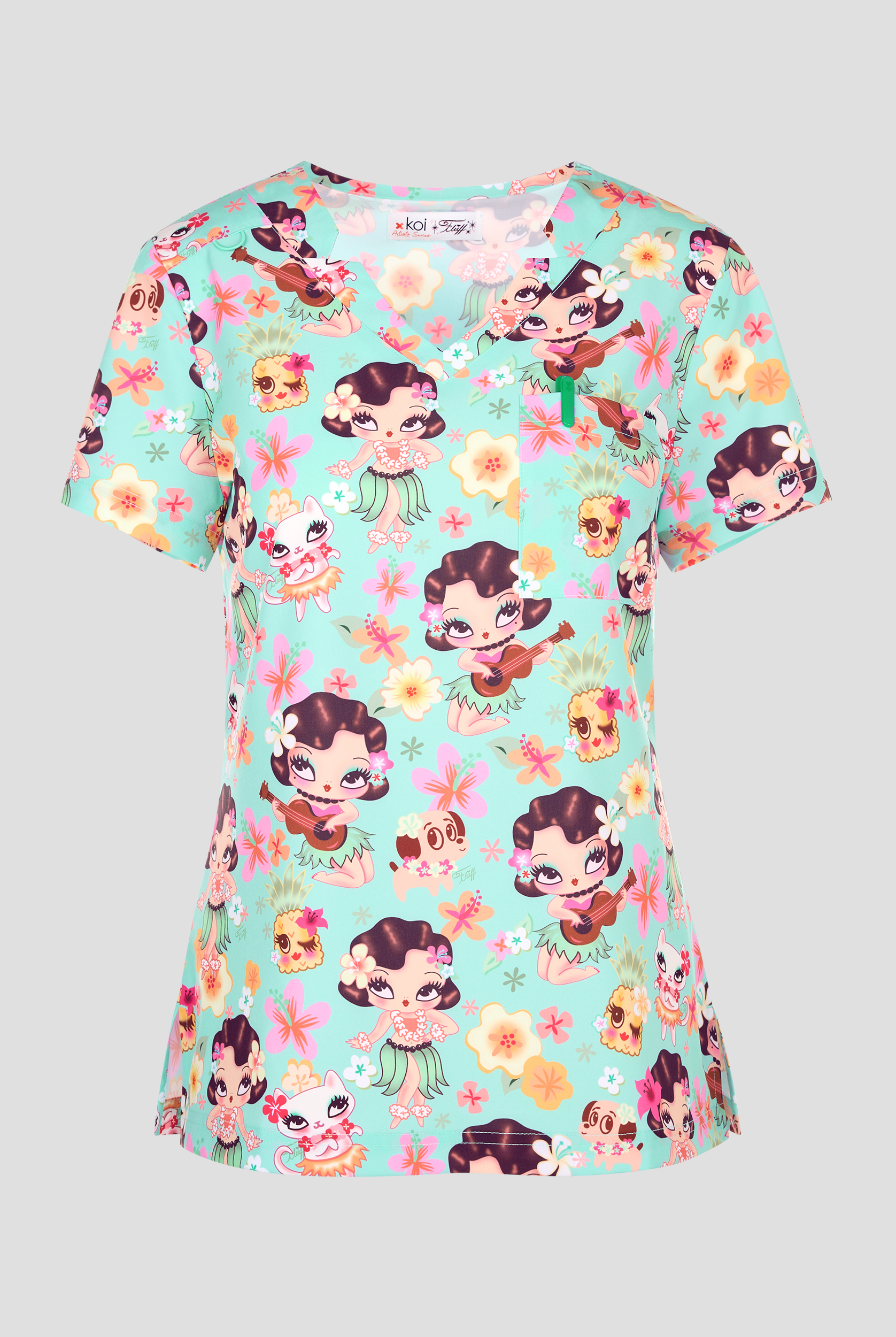 Planet koi Hula Lulu Women's 1-Pocket STRETCH Tuck-In  V-Neck Print Scrub Top