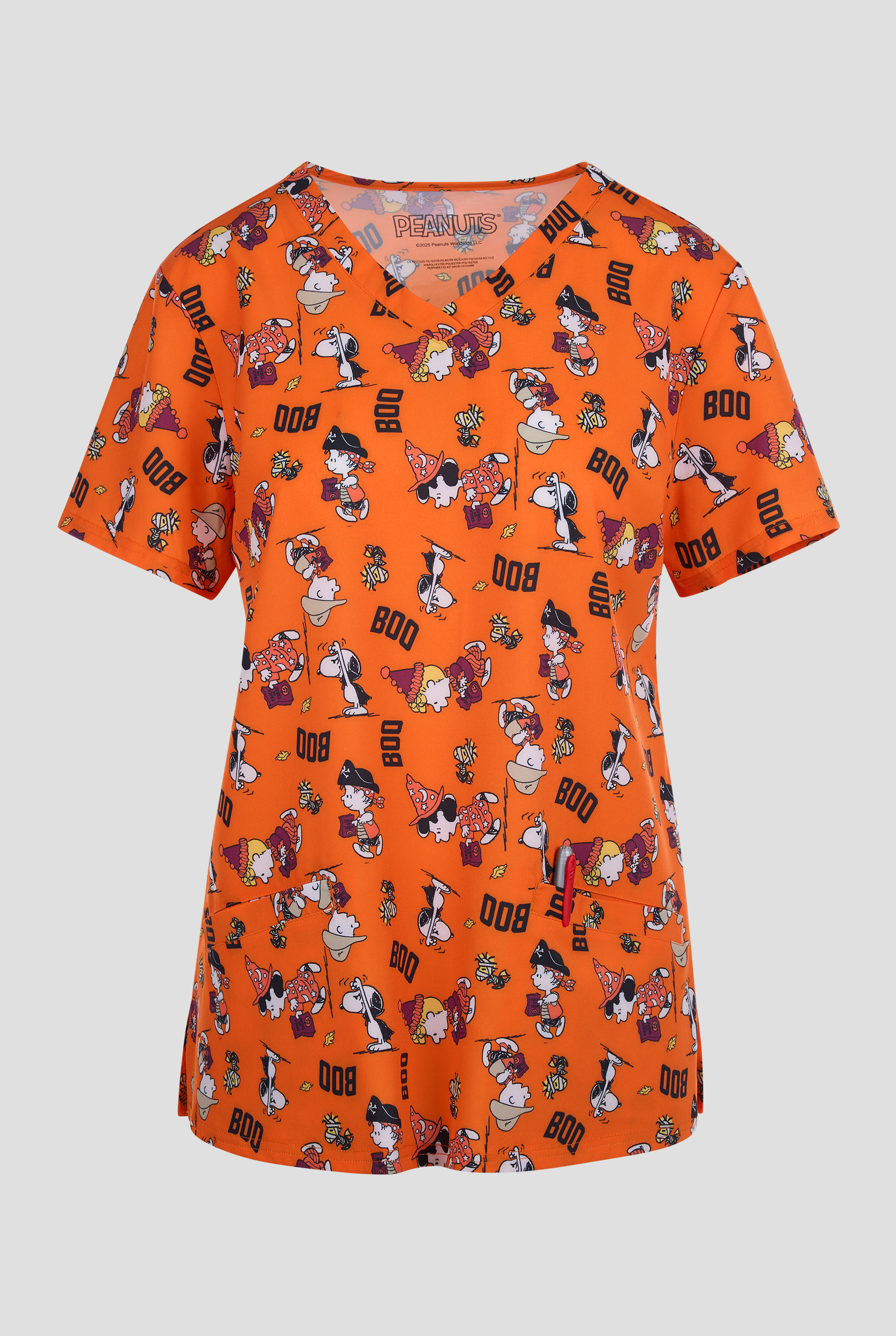 Blusa médica estampada Peanuts Snoopy "BOO" by Funscrubs STRETCH con cuello en V y 2 bolsillos para mujer