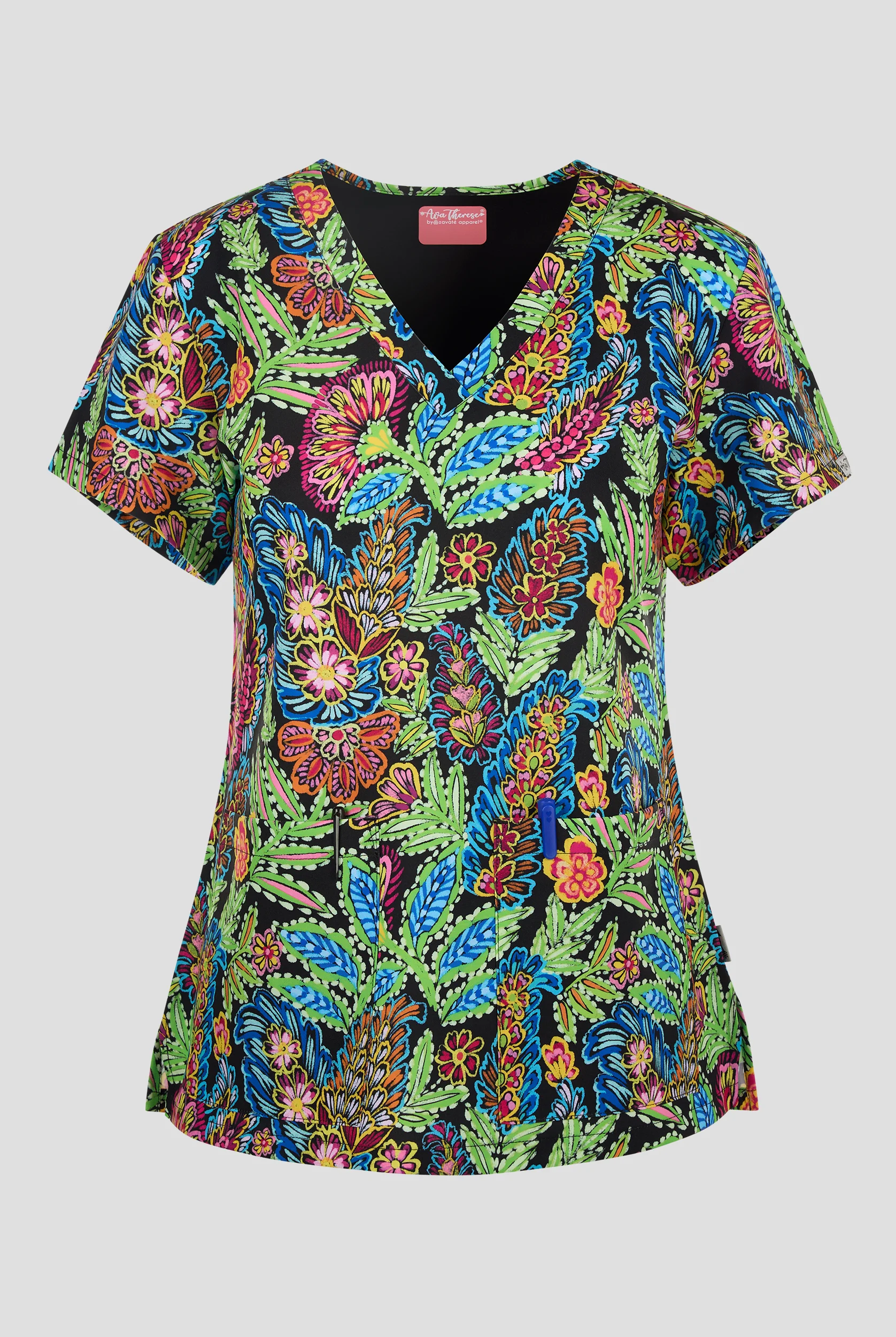 Zavate Ava Therese Bloom Bliss Women's 2-Pocket STRETCH V-Neck Print Scrub Top